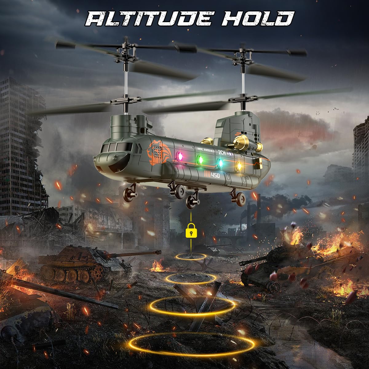 VATOS Hélicoptère radiocommandé 2,4 GHz Transport Militaire avec Maintien de l'altitude, démarrage/atterrissage à Un Bouton, lumière LED