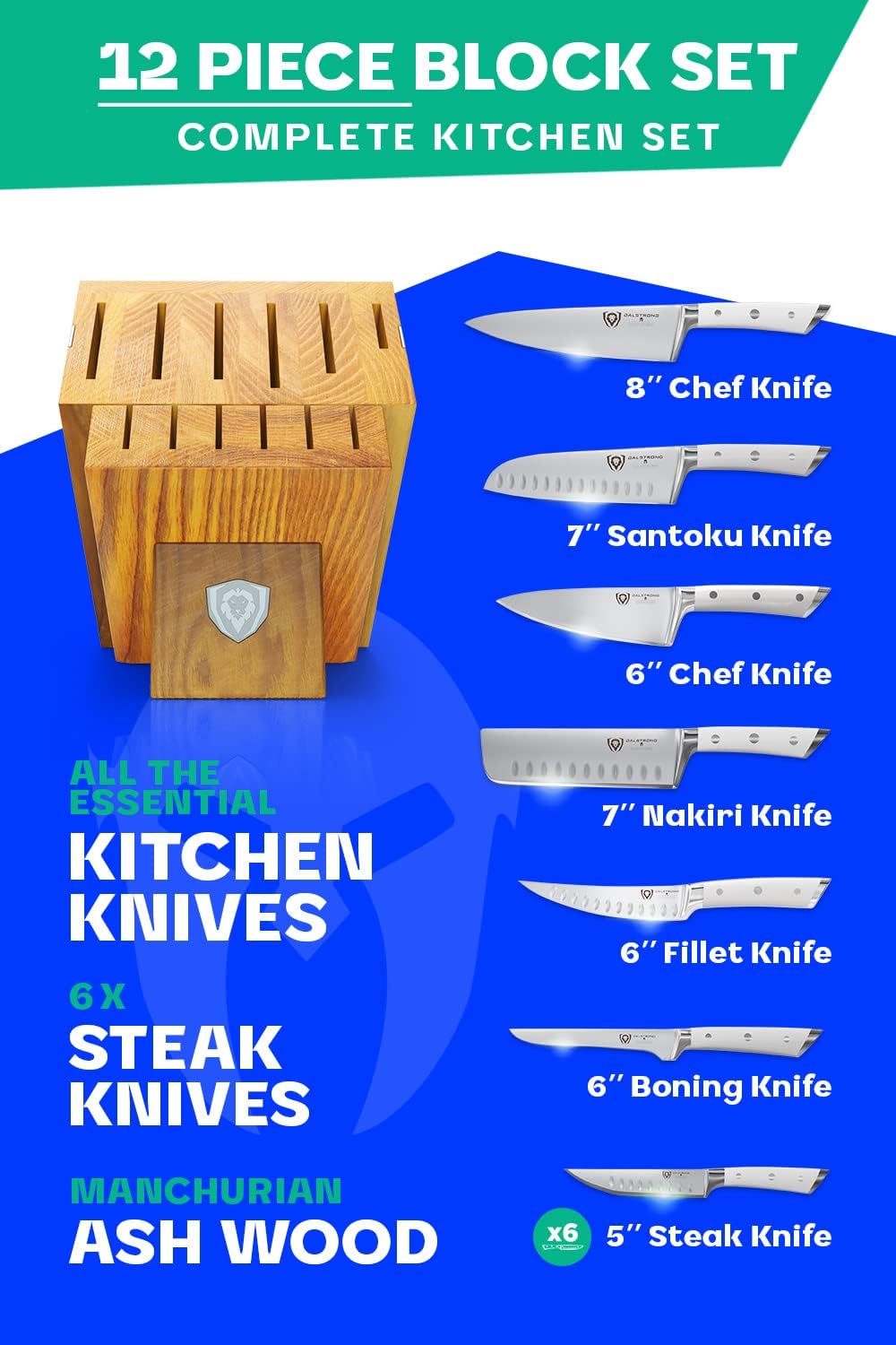 Dalstrong 12-Piece Knife Block Set - Gladiator Series Elite - White Handles - German HC Steel - Hand-Made Manchurian Ash Wood Block - NSF Certified