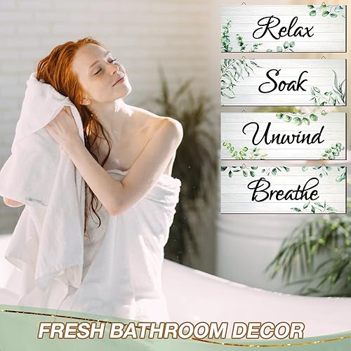 Miniatura 6 de Amyhill 4 piezas de 16 x 63 pulgadas Relax Soak Relax Soak Relwind Breathe Bath Wall Art Decor Extra Grande Eucalyptus Green Bath Decor Wooden Wall