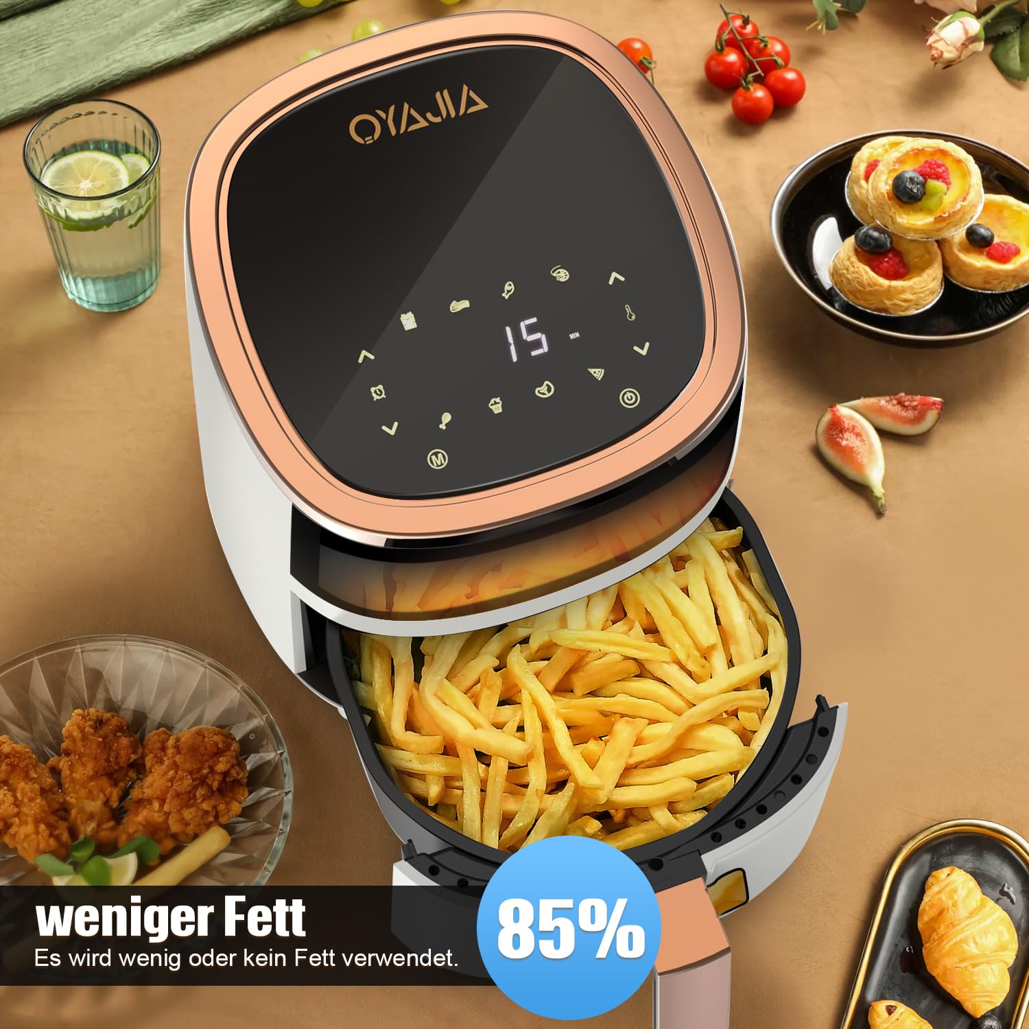 Freidora de aire caliente, 6 L, con 8 programas, tecnología de aire caliente, pantalla táctil, ventana de visualización, apta para lavavajillas, freidora sin aceite, digital, asar, hornear, asar