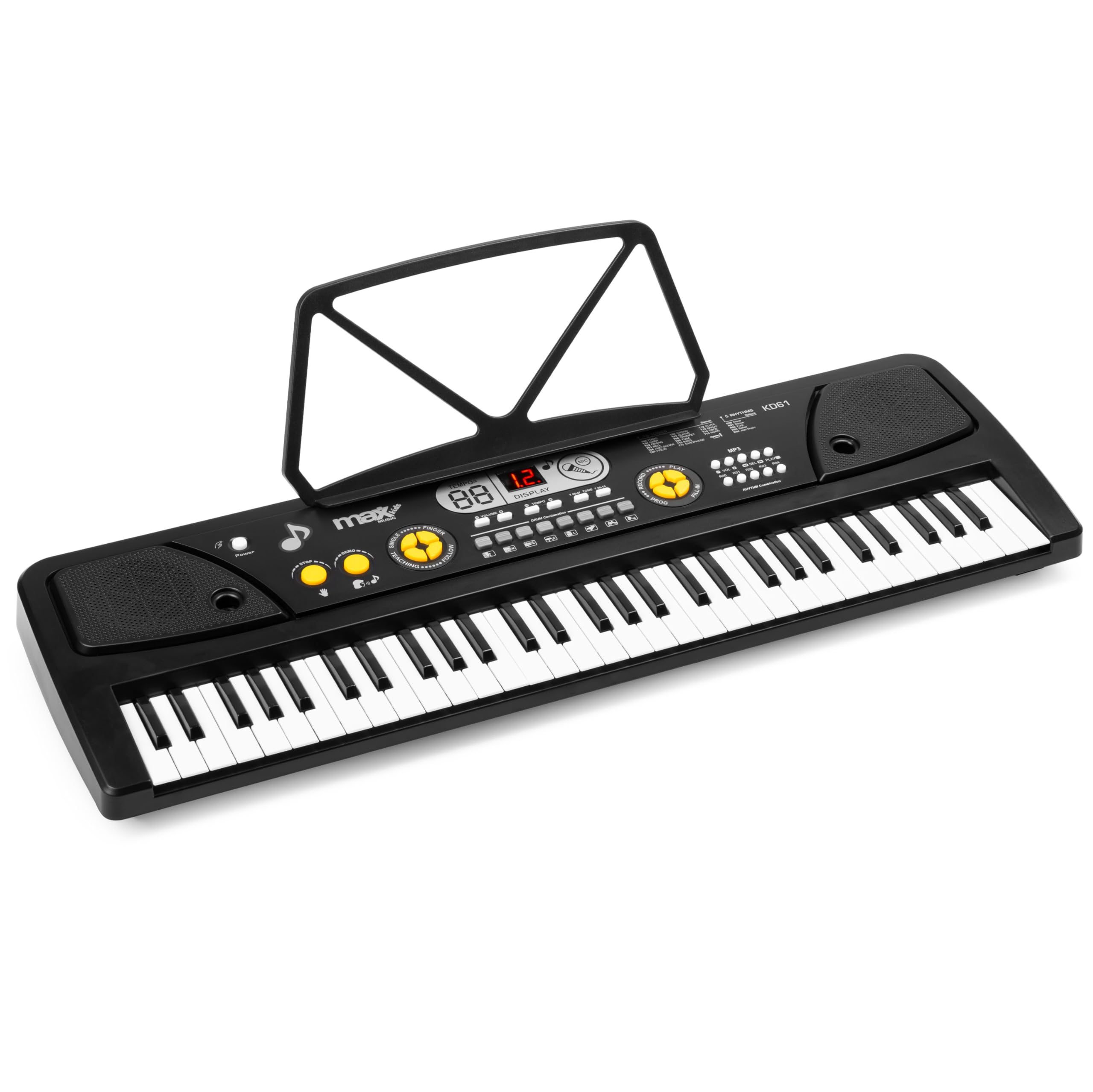MAX KD61 Elektronische Tastatur für Kinder, 61 Tasten, mit Akku, Mikrofon, LED-Display, Aufnahme, Rhythmen, Akkorde und Lernfunktionen für Anfänger ab 5 Jahren – Schwarz