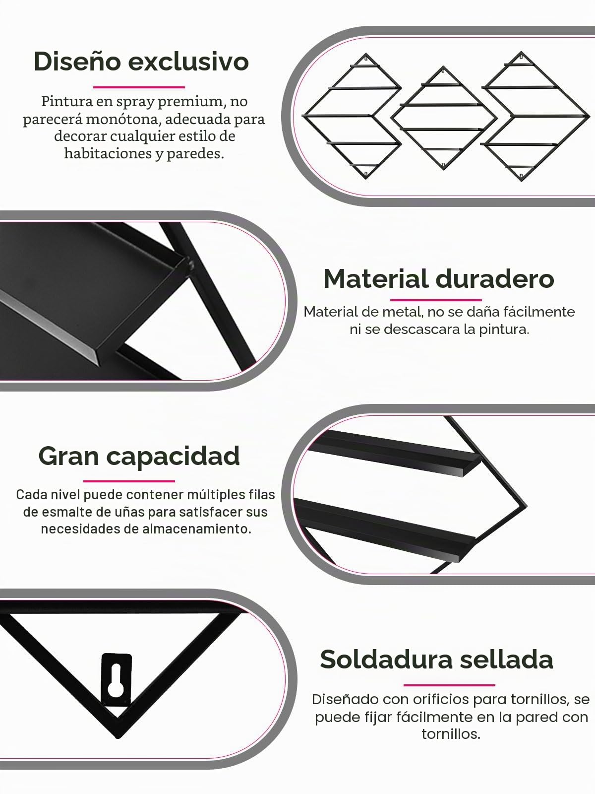 3 Piezas Organizador Metálico para Esmaltes Uñas, Kalolary Estante Exhibición Negro Vitrinas Cosméticos Estante Pared Perfume Lápiz Labial Organizadores für Zuhause SPA Nagelstudio Geschäft