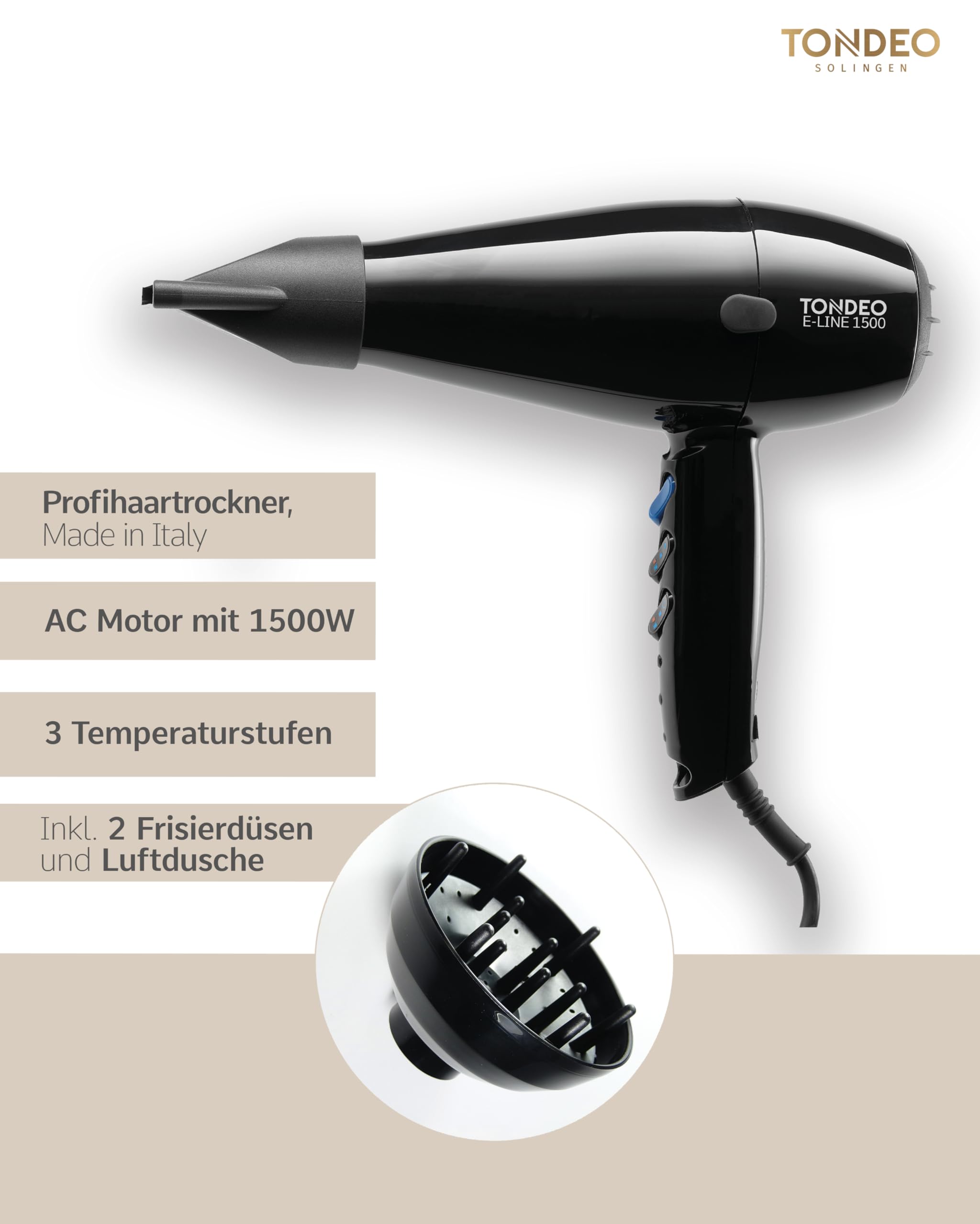 TONDEO Secador de pelo profesional E-LINE 1500 | Secador con 3 niveles de calor, botón de aire frío instantáneo y mango giratorio para un manejo sencillo y estilos individuales