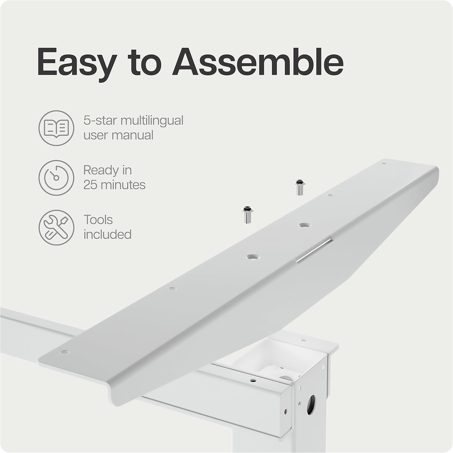Close-up of the Desktronic desk frame during assembly, showing pre-drilled holes and included screws.