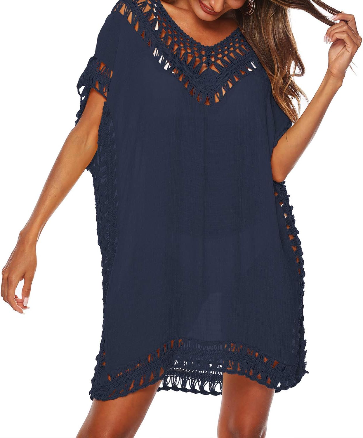 SIAEAMRGSwimsuit Cover Ups for Women, V Neck Hollow Out Swim Coverup Crochet Chiffon Summer Beach Cover Up Dress