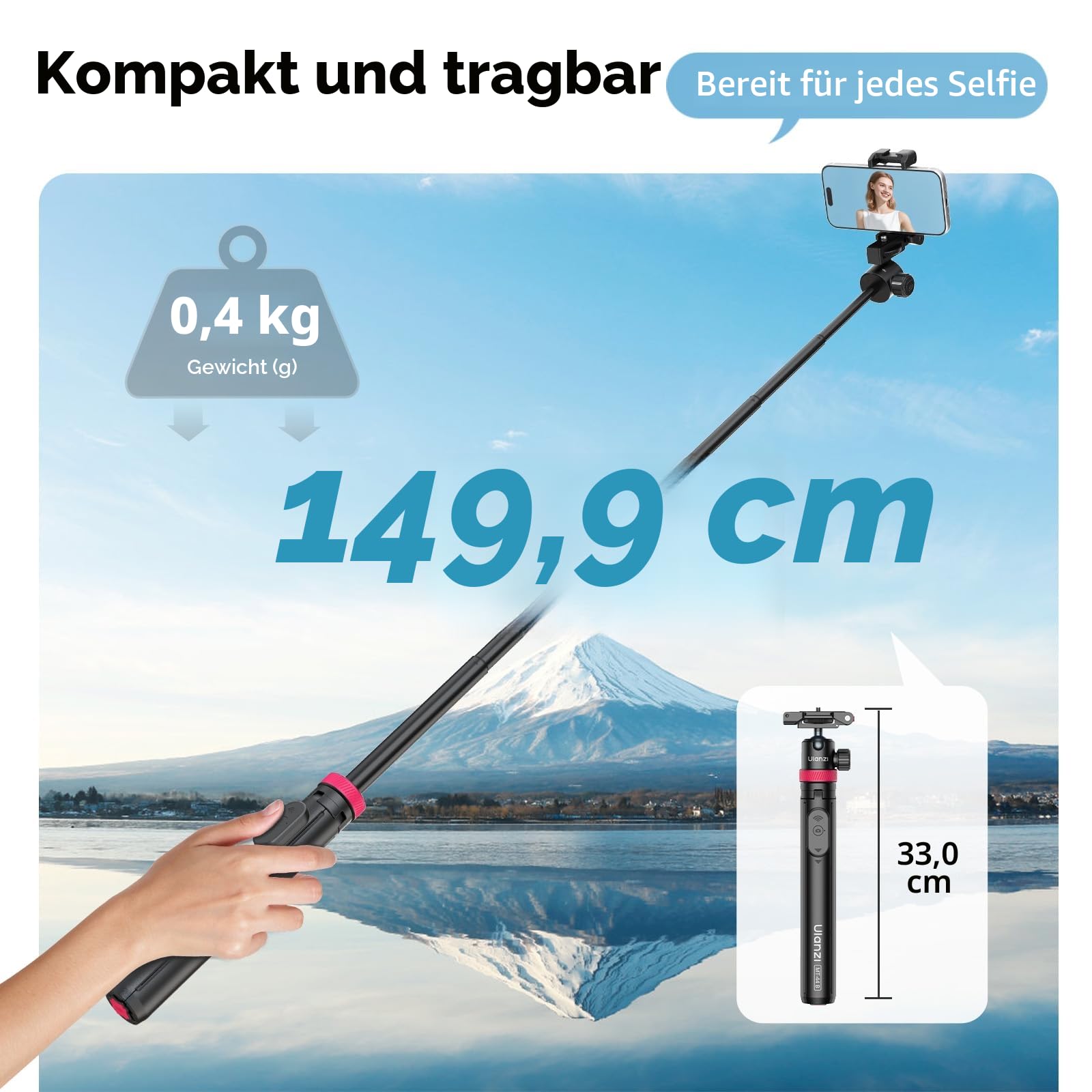 ULANZI MT-44 B [2026 Aktualisierte] Auto Pop Open Handy Kamera Stativ, Automatisch öffnen Vierbeinständer, Selfie Stick Bluetooth 150cm, Kompakt Reisestativ 360° Kugelkopf für DSLR Samsung iPhone