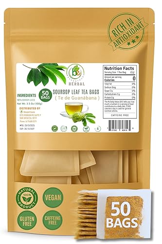 Té de hierbas de Guanábana (Guanábana)  50 bolsas (0.07 oz cada una)  100% natural, vegano, sin OMG, sin azúcar, sin cafeína  Infusión rica en
