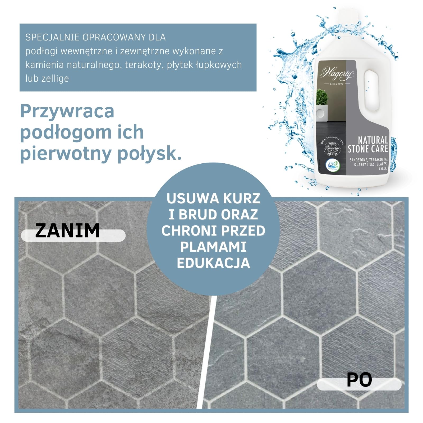 Hagerty Natural Stone Care Preparat do czyszczenia kamienia naturalnego 1l I Skuteczna pielęgnacja do podłóg z kamienia terakoty łupka płytek I Czyszczenie kamienia wewnątrz i na zewnątrz