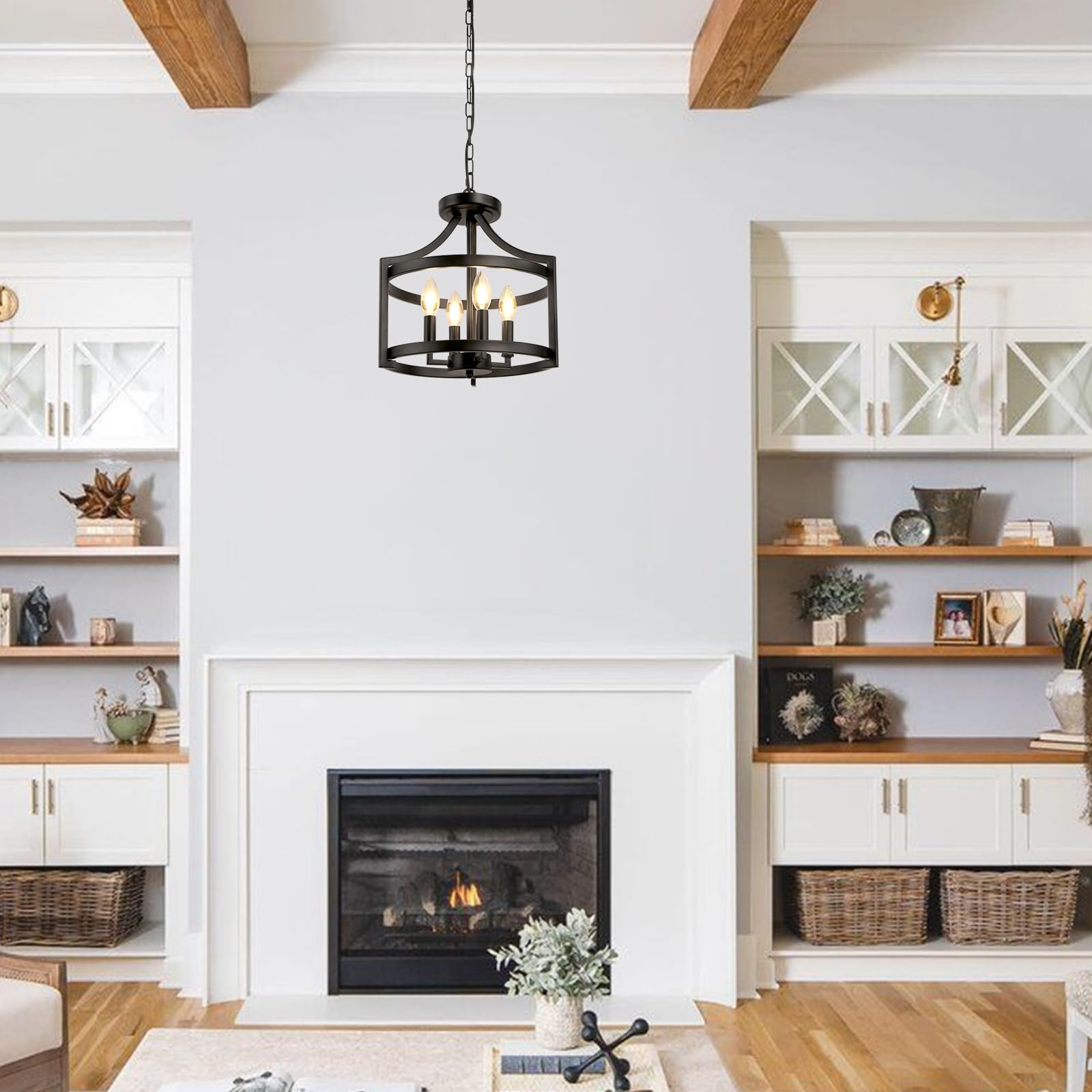 Kronleuchter Modern Schwarz Umwandelbare Landhaus Deckenlampe Wohnzimmer, 4 Lichter Rustikal Vintage Hängelampe Schlafzimmer, Höhenverstellbare Bauernhaus Pendelleuchte Deckenleuchte Flur