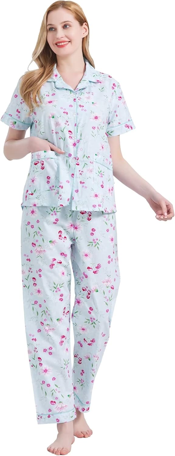 GLOBAL Women's 100% Cotton Pajama Set|Short-Sleeved with Pants PJs |Button Down Front Top&Drawstring Waist Bottom Nightwear