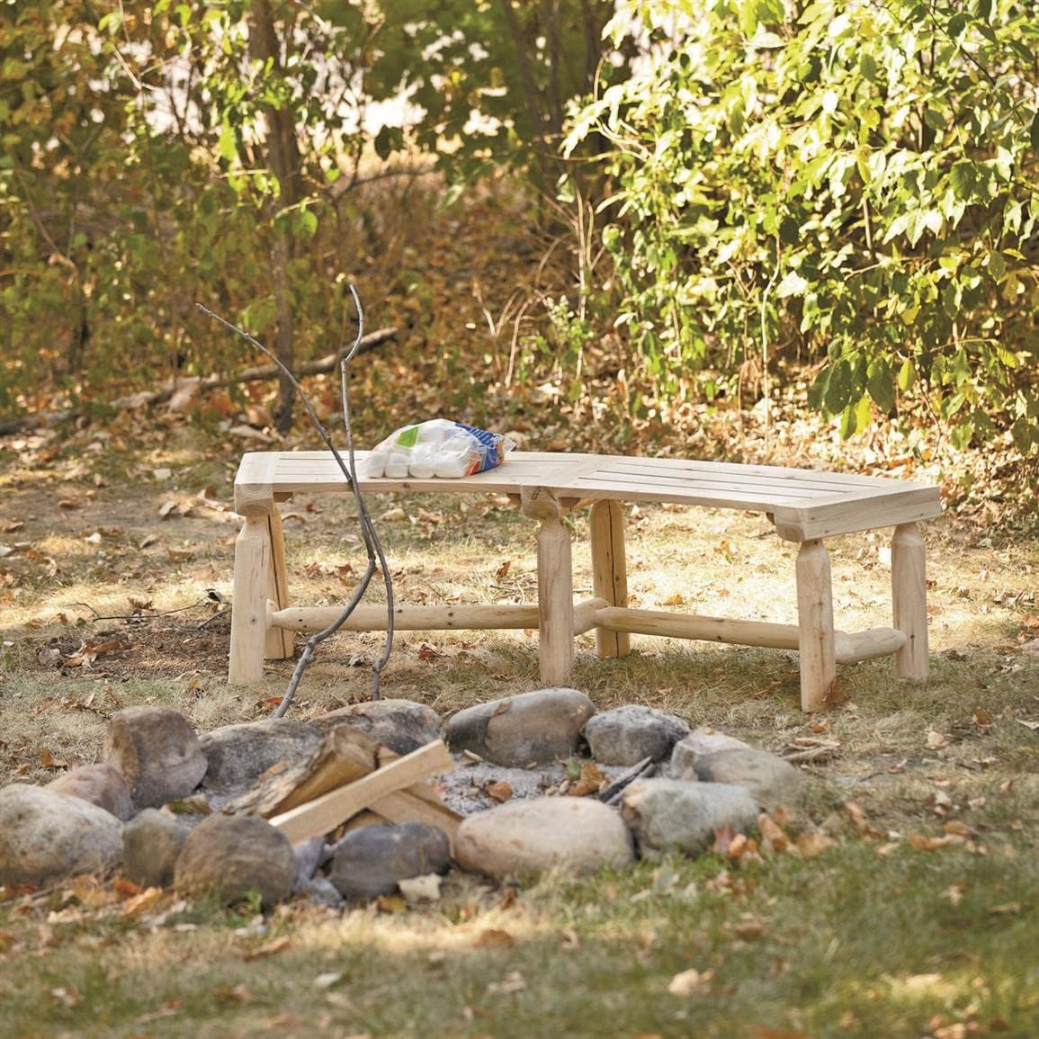 CASTLECREEK Curved Fire Pit Bench, Wood Log Bench Seat, Outdoor, Backyard, Rustic