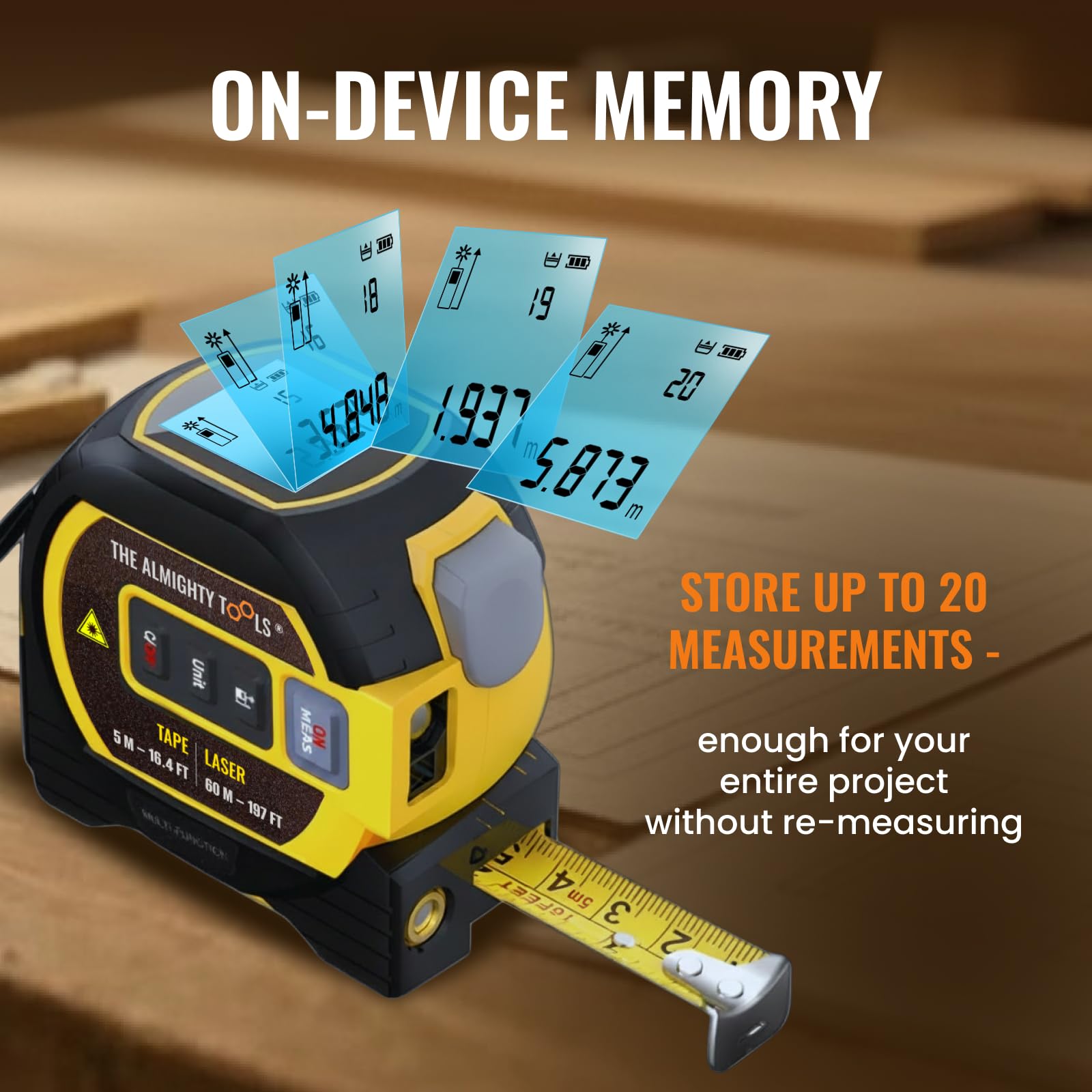 The Almighty Ruler, metro a nastro laser, misuratore di distanza laser, strumento resistente con funzione di marcatura incrociata, telemetro intelligente, display di facile lettura, misurazione