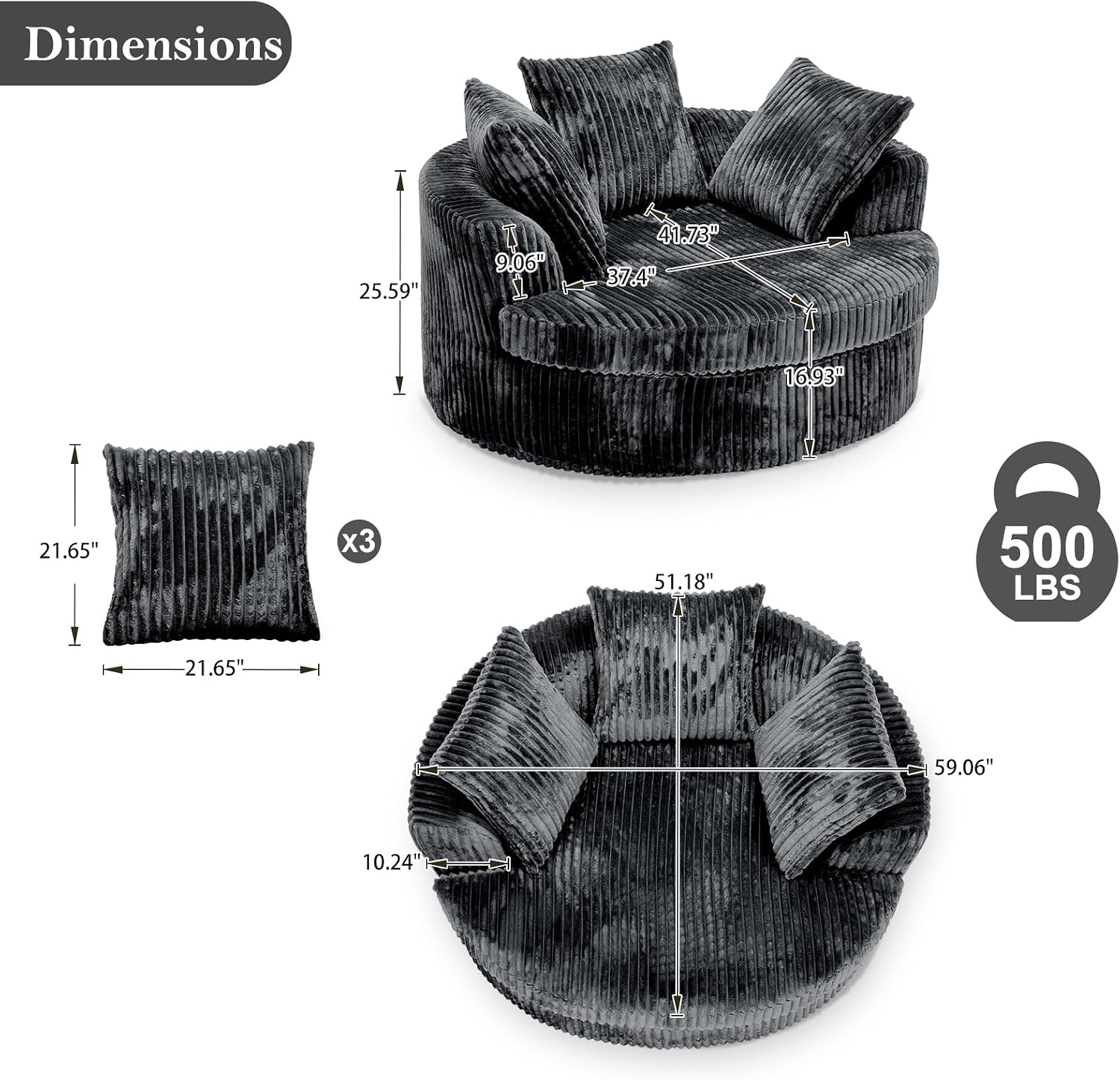 59 Inch Oversized Chaise Lounge Chair Indoor, Round Corduroy Chaise Lounge Sofa Bed with Throw Pillows and Backrest, Plush Sleeper Chair Bed for Living Room Bedroom,No Assembly Required