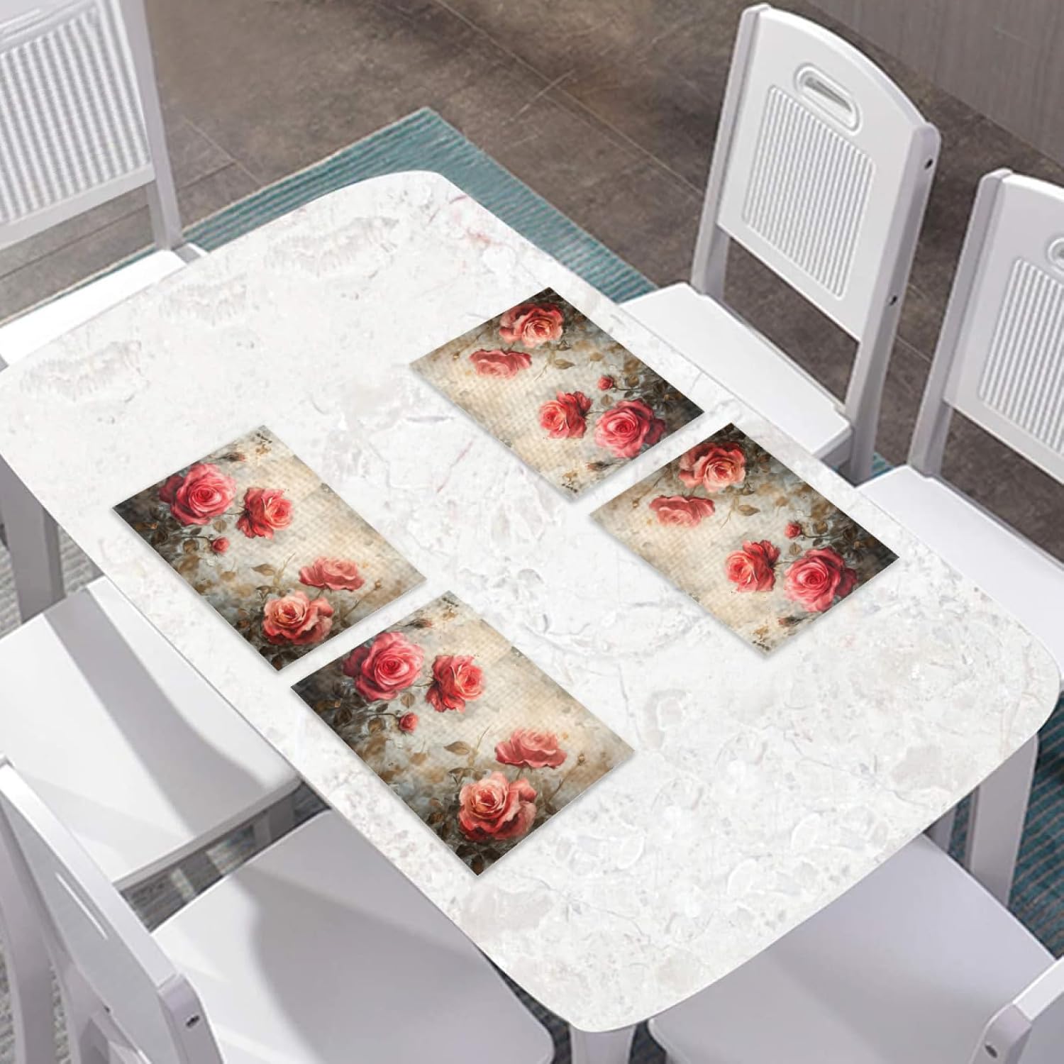 Placemats Set of 4 Waterproof Oilproof Table Mats Vintage Rose Pattern Washable Wipeable Heat Resistant Easy to Clean for Indoor Outdoor Party Kitchen Dining Table Decoration 12 * 18in
