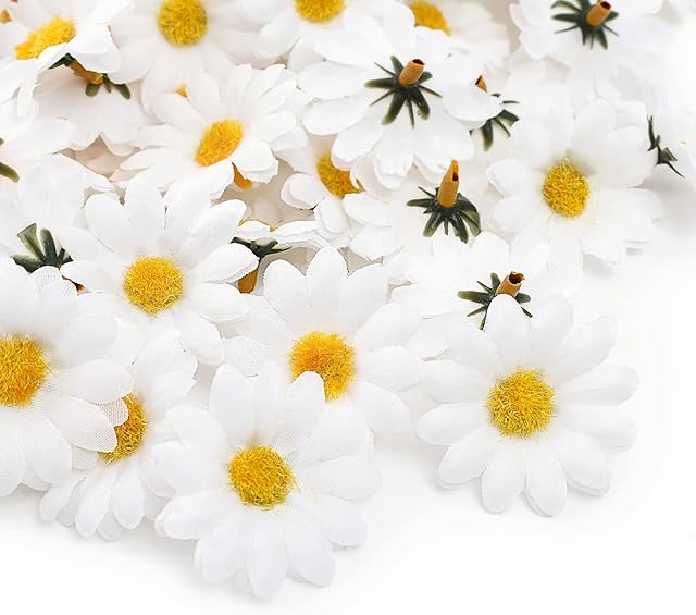 HUIANER 100PCS Artificial Daisy Heads, Fake Daisy Rose Flowers Head, Silk Bulk Flower for Craft Bridal Hair Clips Dress Party Supply Table Decorative (White)