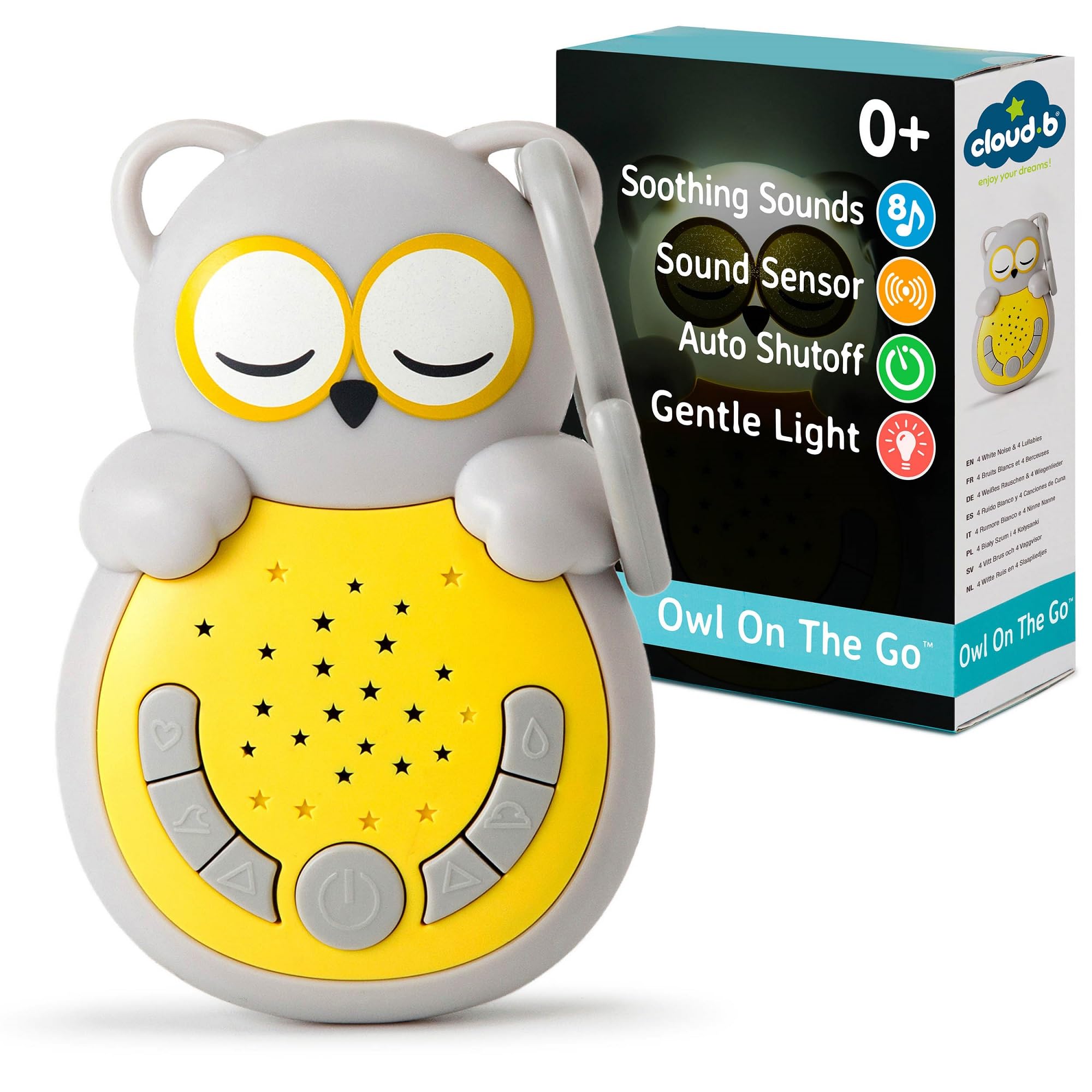 Cloud b Travel Comforting Sound Machine w/Calming Light | 4 White Noise and 4 Lullabies | Re-Activating Smart Sensor | Sweet Dreamz On The Go™ - Owl