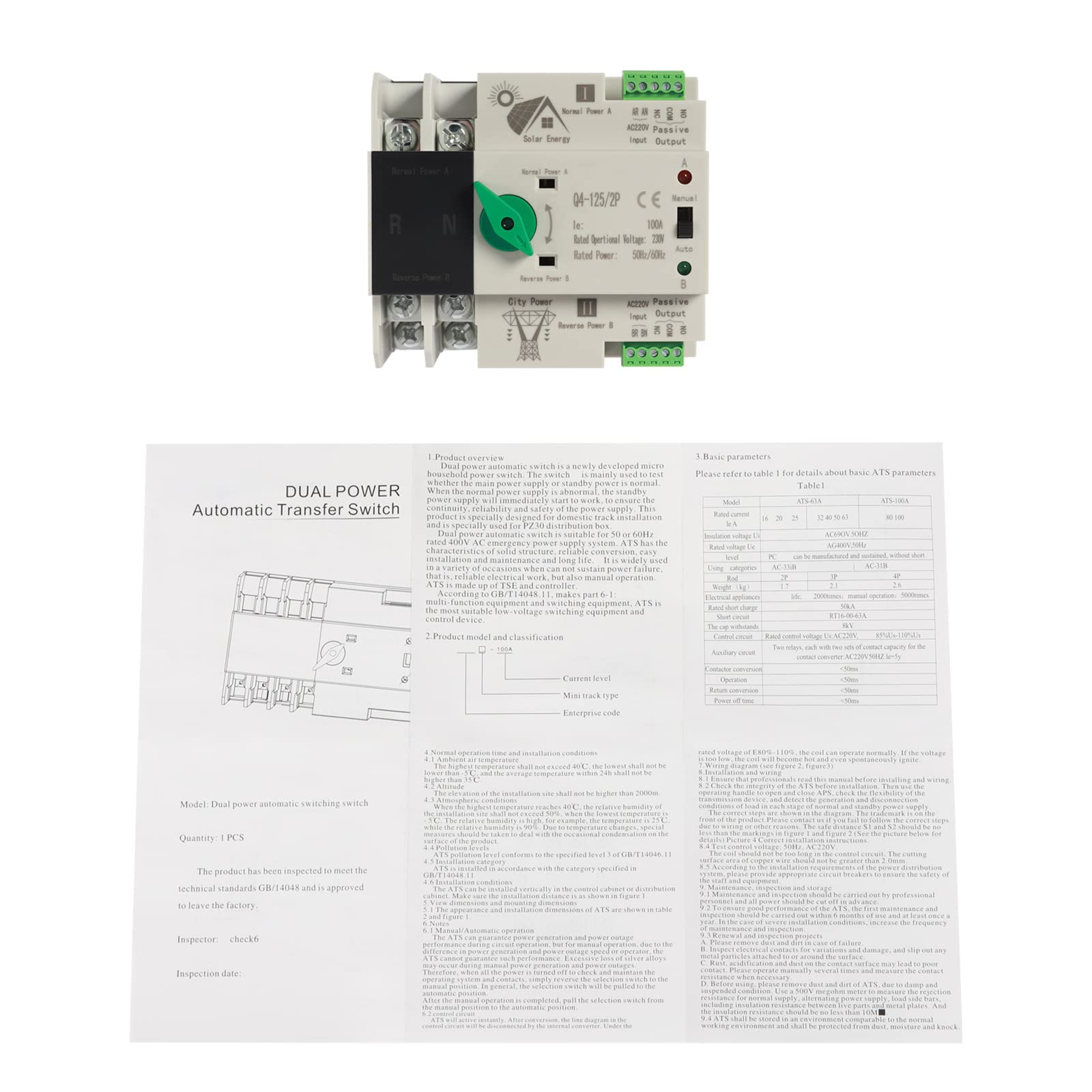 Automatischer Transferschalter, 2P 100A 230V, Automatic Dual-Power-Umschalter, Switch G2R Transfer Switch, Hutschiene Notstrom Netz Umschalter Netzumschalter für Strom, USV, Wechselrichter, Solar