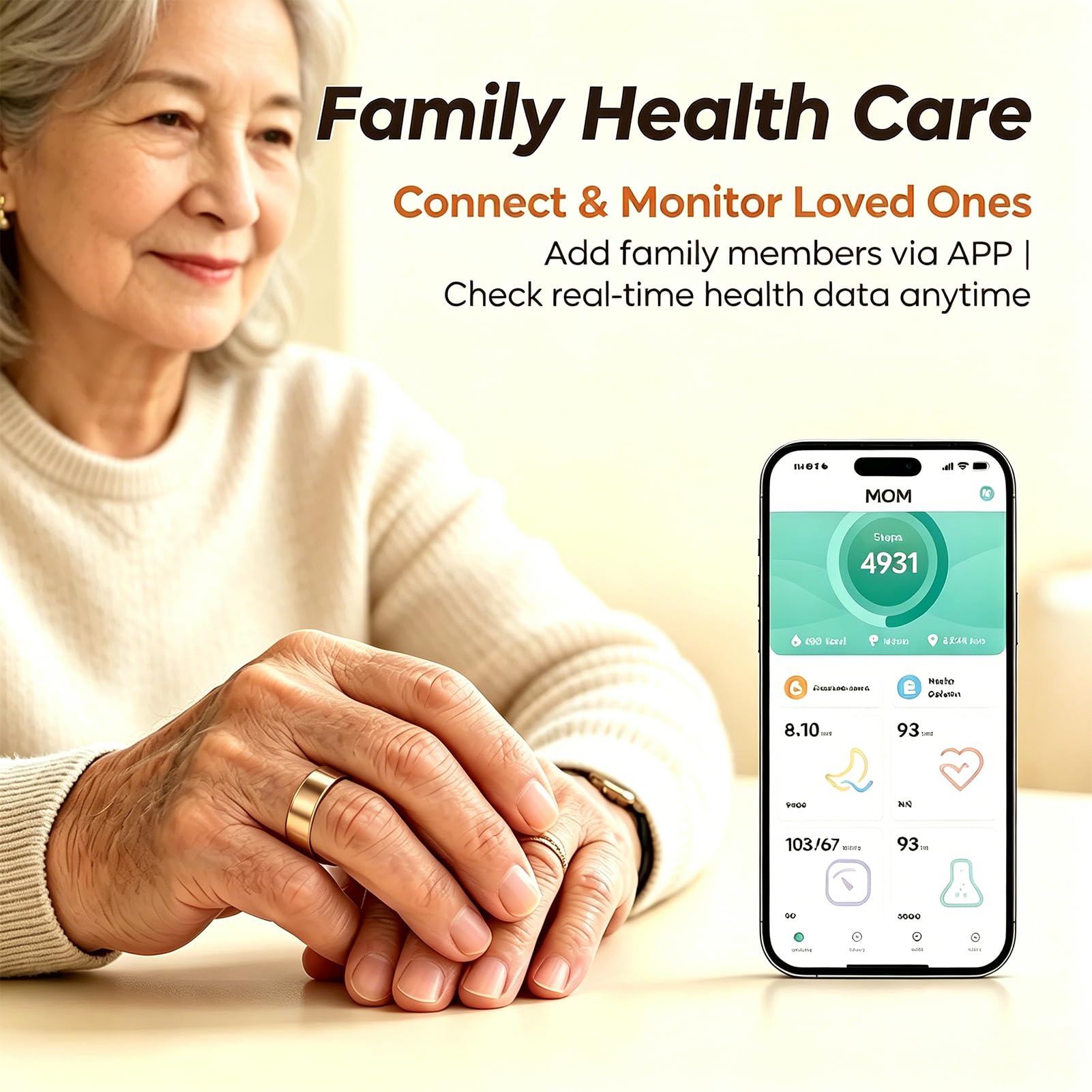 Smart Ring Moniteur de fitness et de santé pour homme et femme, moniteur de pas, étanche IP68, pas de frais d'abonnement, compatible avec iOS Android (doré, 8#)