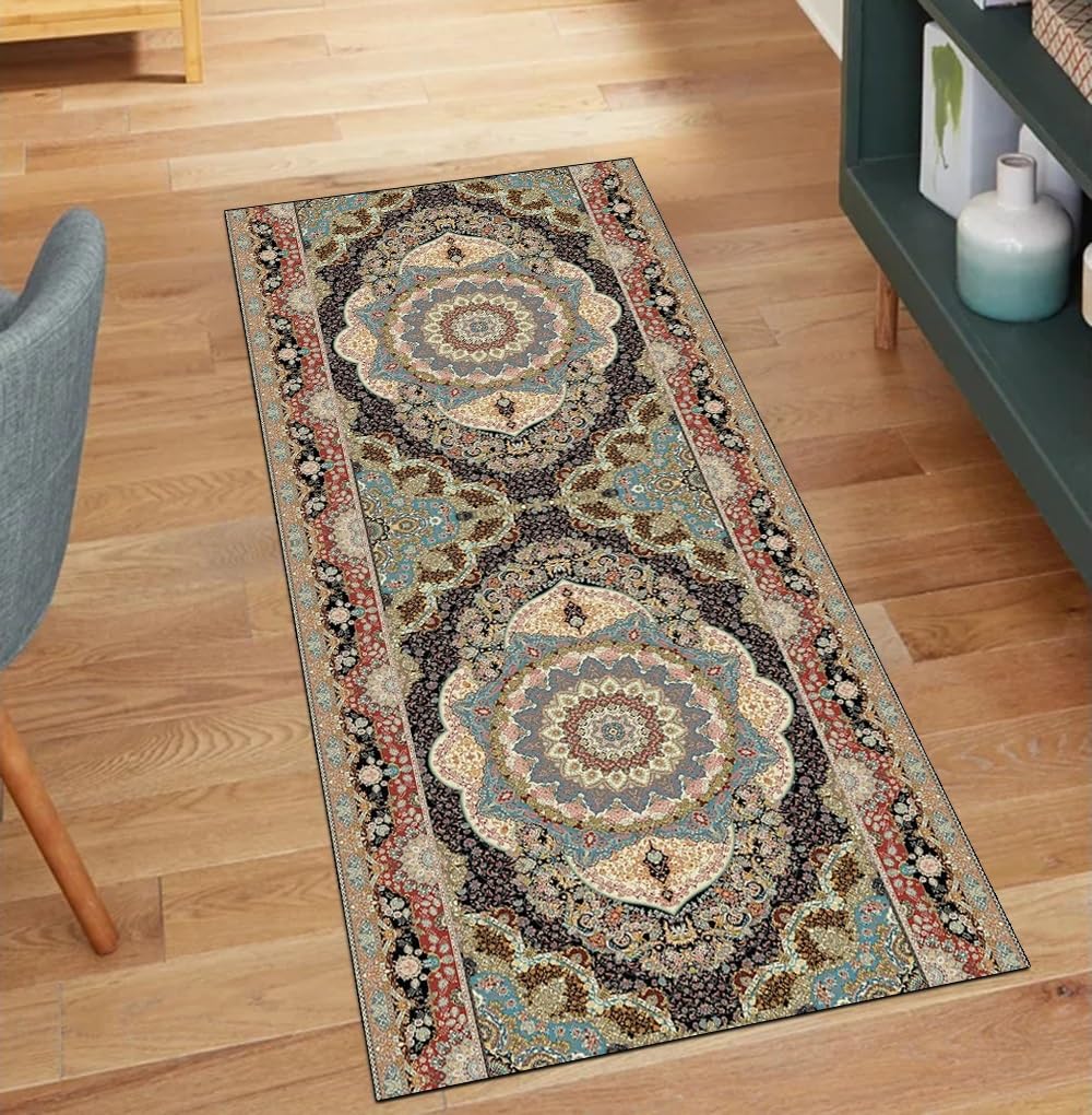 Alfombra larga pasillo de 80x220 cm estilo vintage marrón lavable y antideslizante para salón