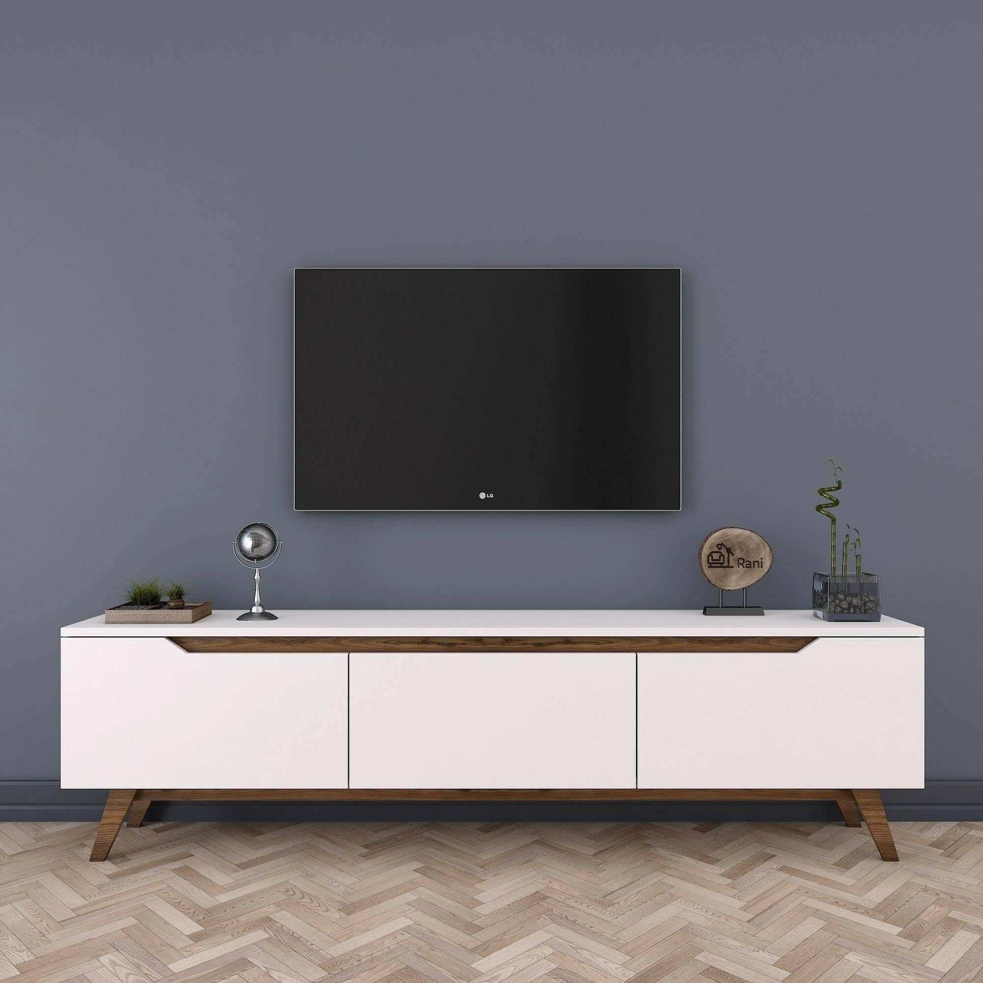 Dmora - Mobile porta TV Cor, Credenza da soggiorno, Armadio basso per TV, Base parete attrezzata, 180x35h49 cm, Bianco e Noce