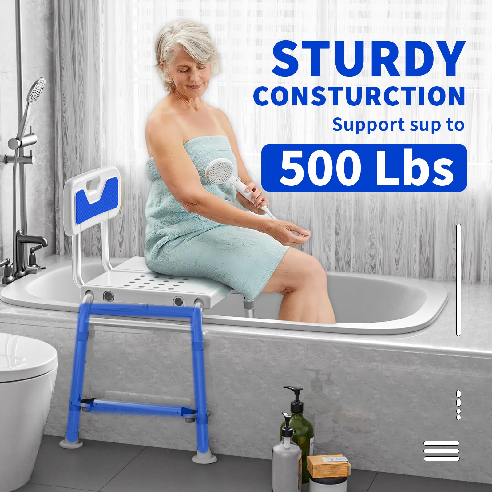 Heavy Duty Width Adjustable Bath Tub Transfer Shower Bench for Inside Tub Extended Shower Chair with Adjustable Height and Reversible Backrest Handicap Shower Chair Seat for Elderly and Disabled — view 7