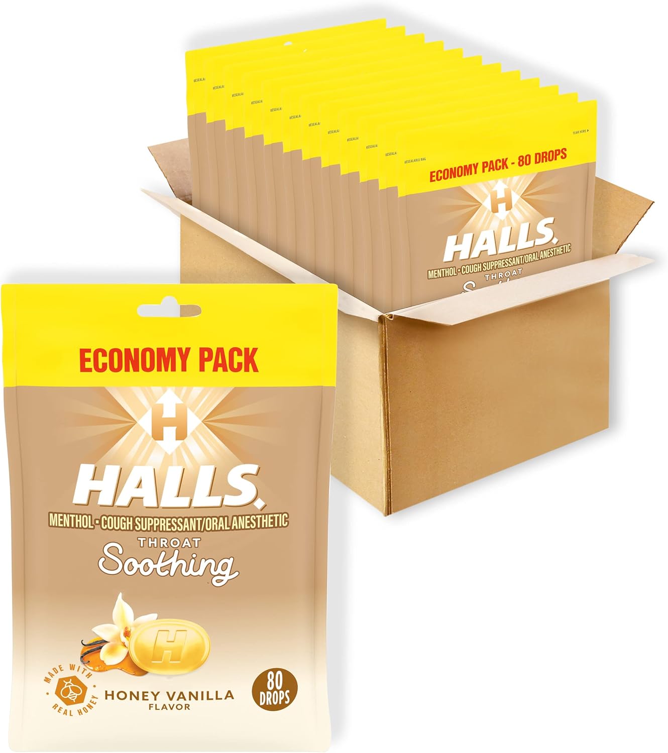 Halls Throat Soothing Honey Vanilla Cough Drops, Economy Pack, 12 Bags of 80 Drops