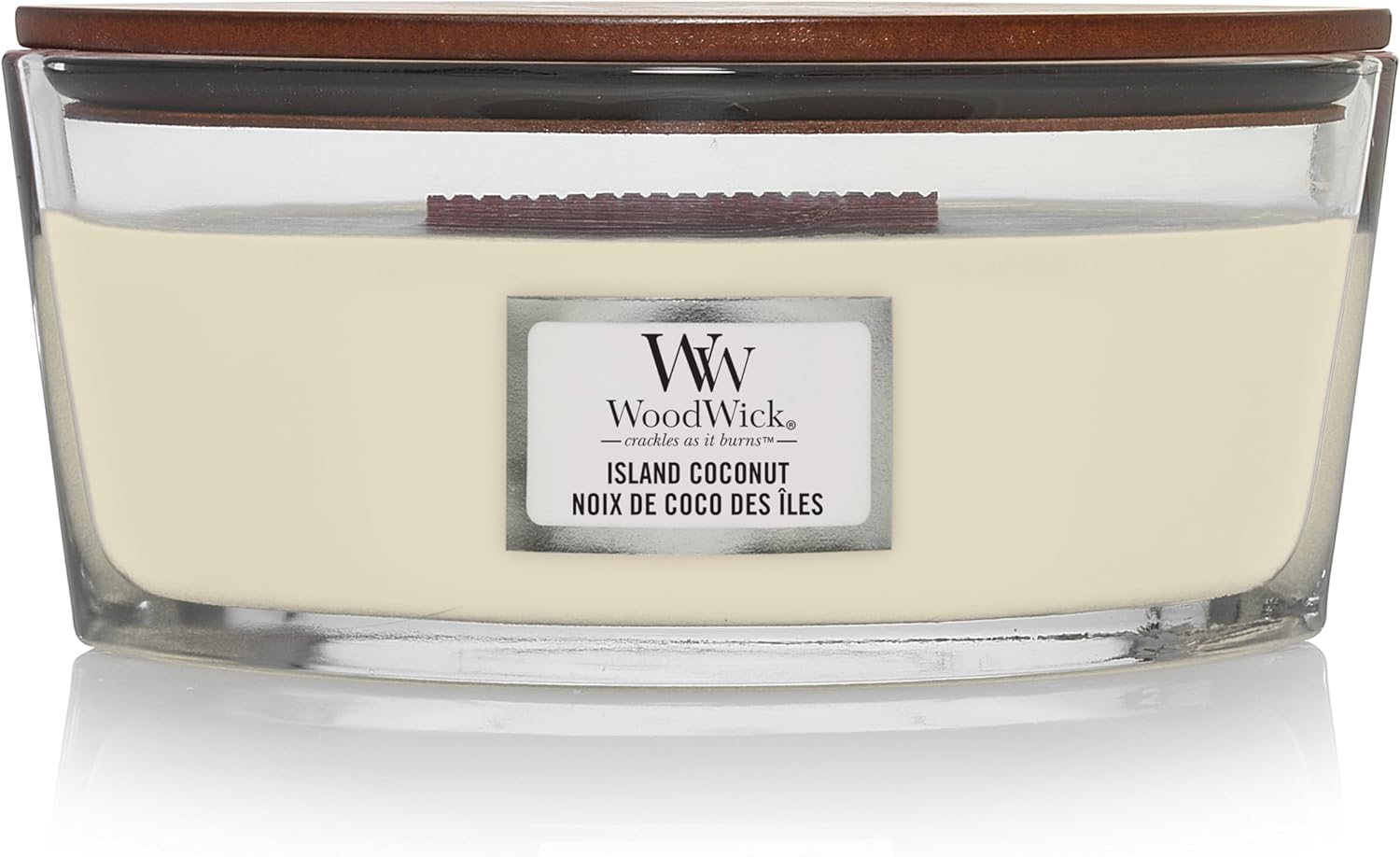 Woodwick Ellipse Scented Candle with Crackling Wick, Island Coconut, Up to 50 Hours Burn Time Wood, White