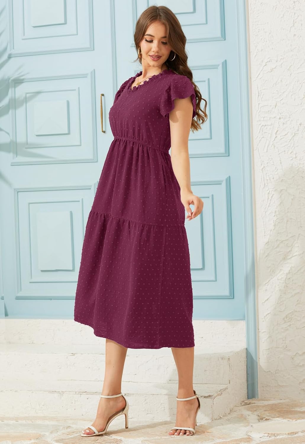 Jayscreate Women's 2026 Swiss Dot Tiered Midi Dress Pockets Elastic Waist V Neck Layered Long Beach Wedding Guest Dress