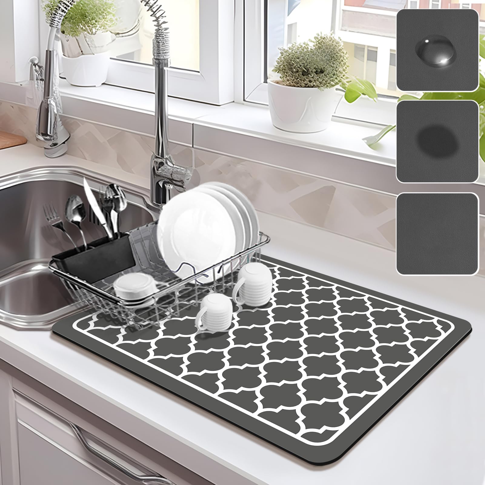 Draining Mat for Kitchen Counter, Super Absorbent Dish Drying Mat Hide Stain Quick Drying Dish Draining Mat, Easy Clean Coffee Mat for Countertops (Dark Grey, 40x50cm) โ image 1