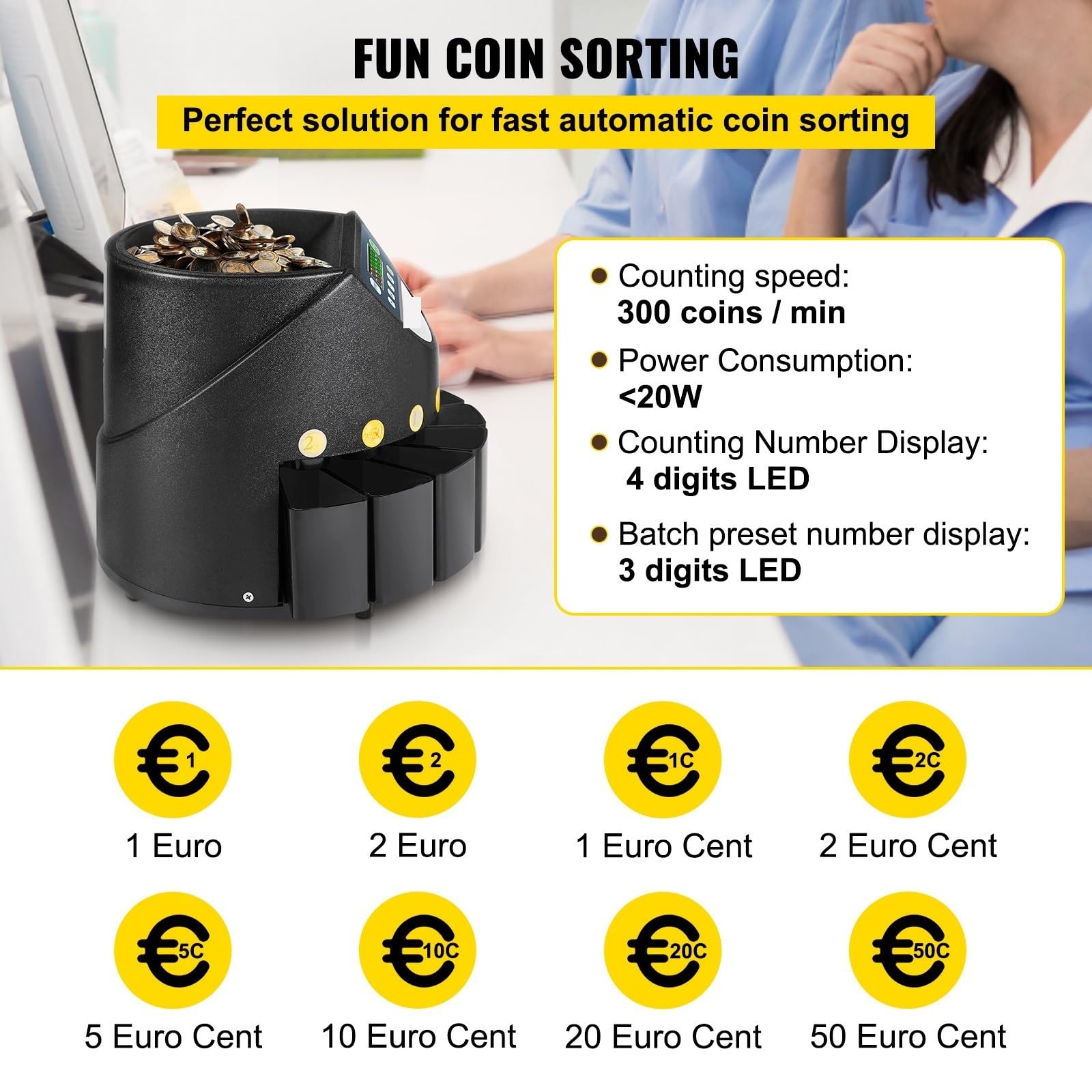 Contatore automatico for monete in euro da 300 monete/min, professionale, elettrico, con display a LED, for negozi scolastici, banche e attività commerciali Adatto a Numerosi Settori