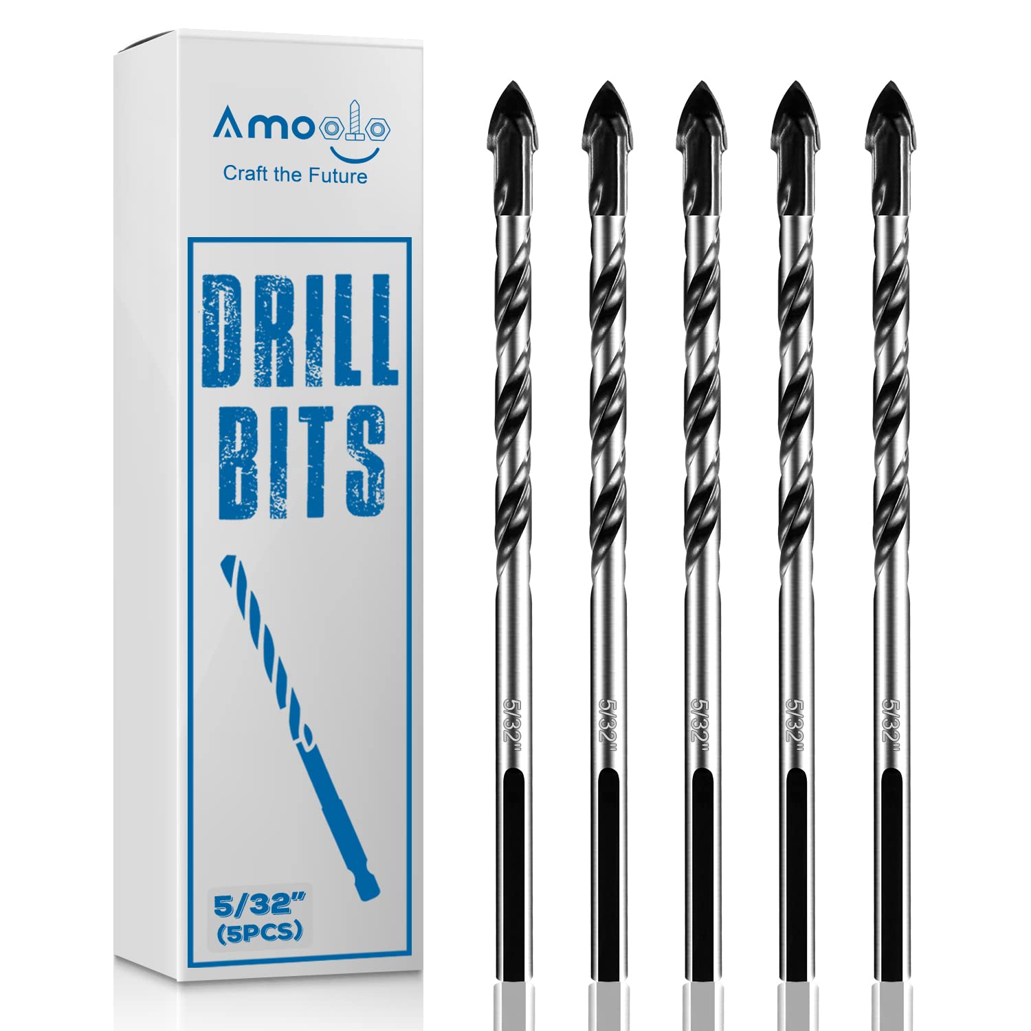 amoolo 5/32" Concrete Drill Bit & Masonry Drill Bit Set(5PCS), Carbide Tip Drill Bit Set for Tile, Brick, Cement, Concrete, Glass, Plastic, Cinder