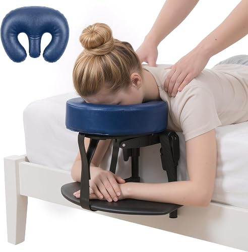 18" Height Adjustable Foldable Massage Headrest for Bed, Face Cradle | Premium leatherette face down massage pillow, stable metal frame, tool-free setup, foldable for storage