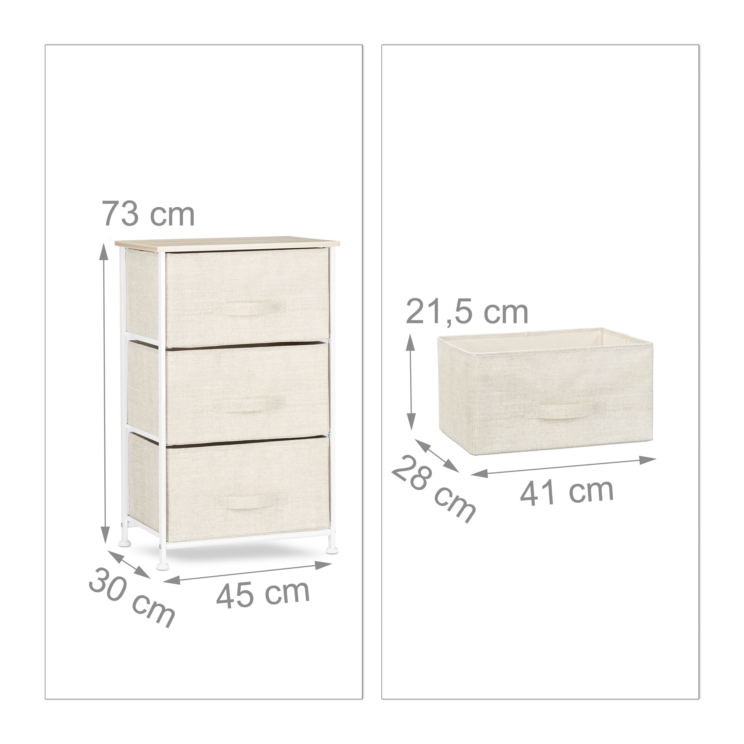 Relaxdays Cajonera Multiusos con 3 Cajones, Metal-Tela, Beige, 73 x 45 x 30 cm