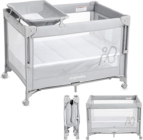 Miniatura 7 de Cuna para bebé ANGELBLISS, moisés junto a la cama, Pack and Play con colchón, cambiador de pañales, configuración de un solo botón, corralitos desde