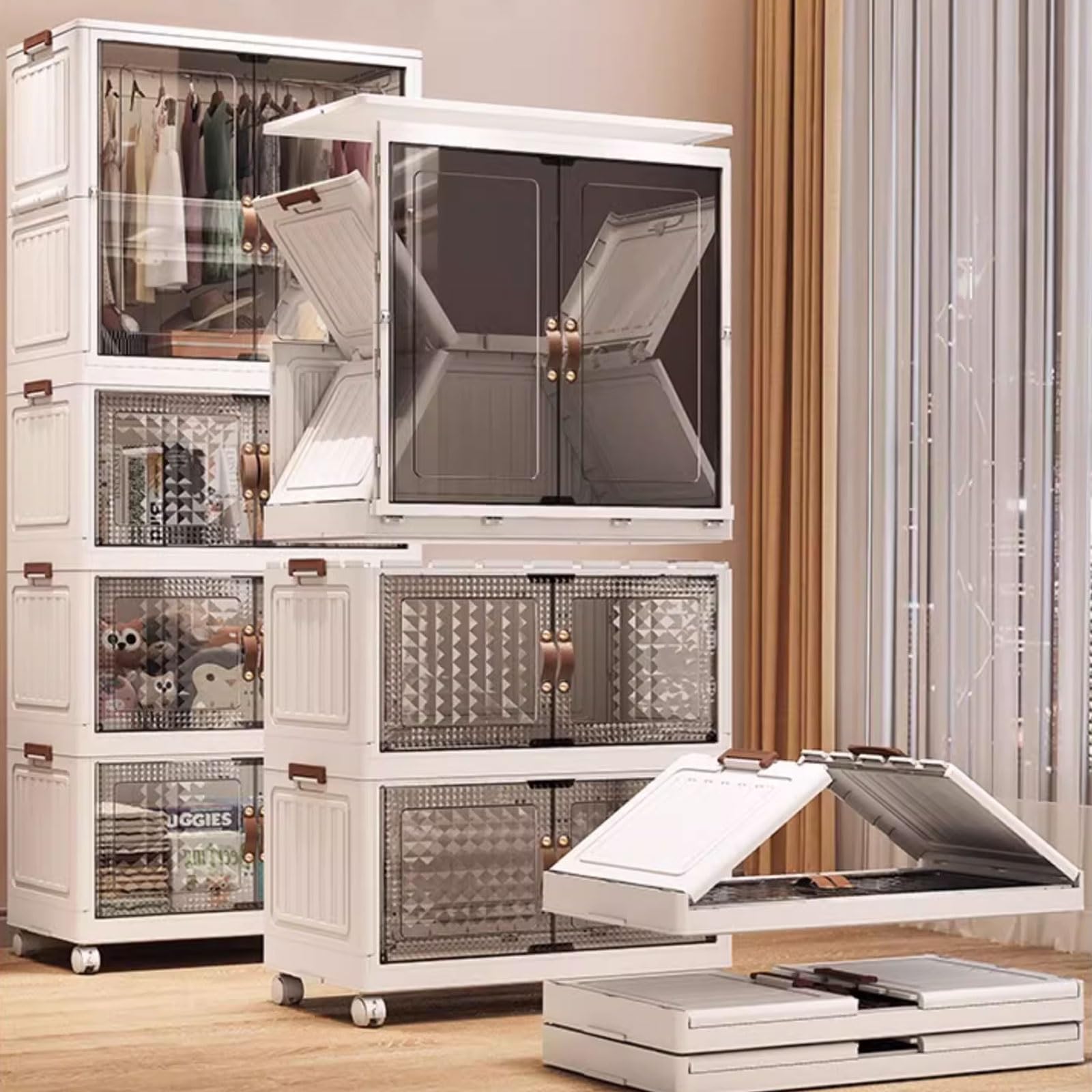 Organizer pieghevole con ruote e ante magnetiche, armadio trasparente, 6 scomparti modulari, combinabile liberamente