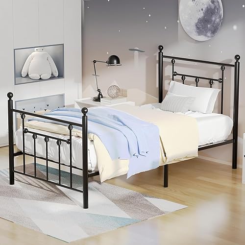 Miniatura 4 de VECELO Base de cama de plataforma de metal tamaño individual con cabecero y estribo, soporte de listones de acero resistente, base de colchón no