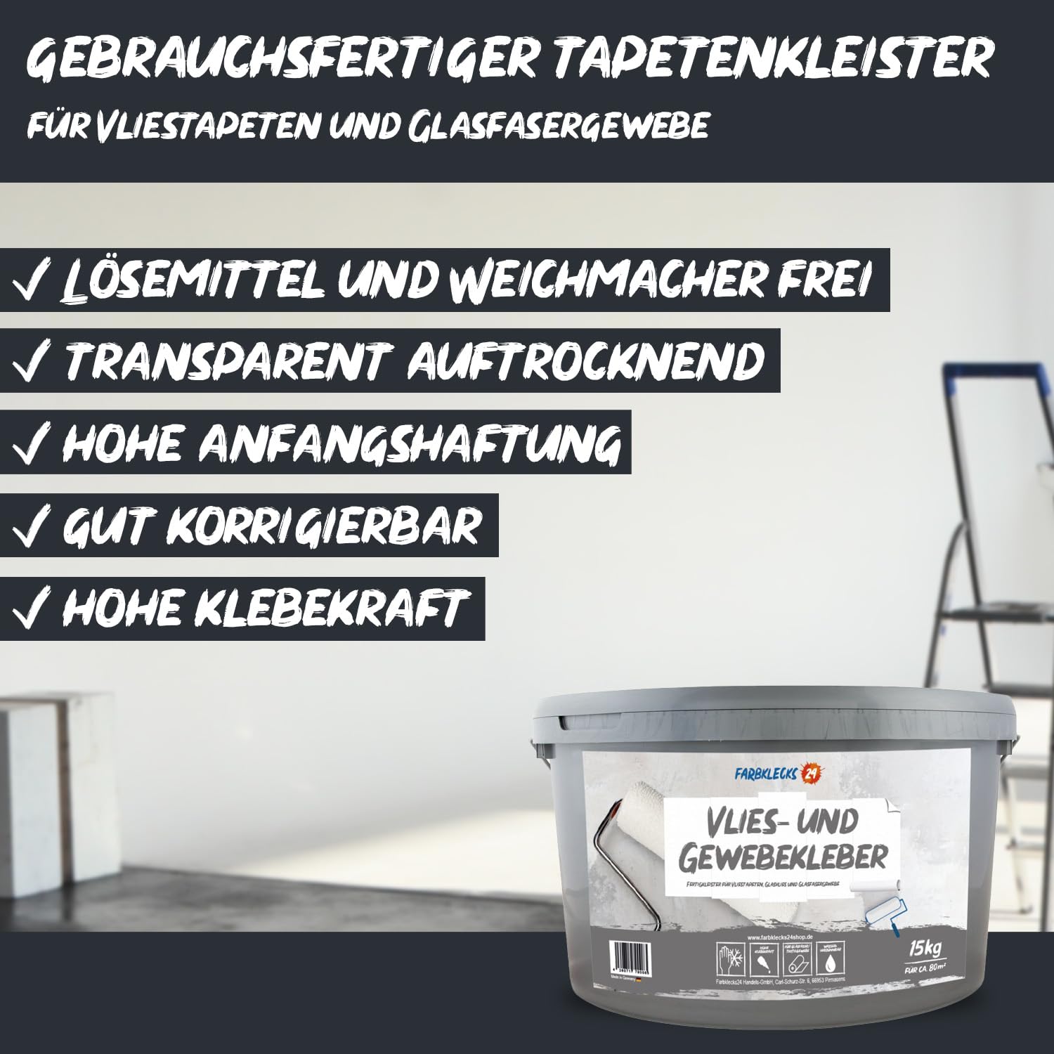 Vlies- und Gewebekleber 15kg verarbeitungsfertiger Tapetenkleister, Dispersionskleber, Vlieskleber
