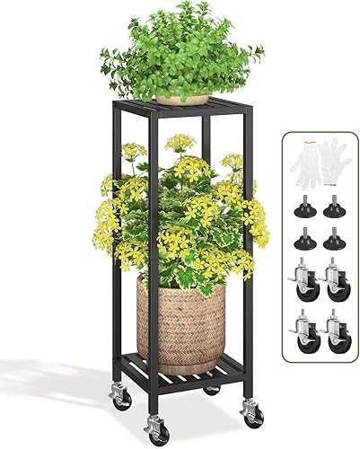 LASZOLA Soporte para plantas de metal negro de 2 niveles para interiores y exteriores con rueda para maceta grande, estante moderno y resistente