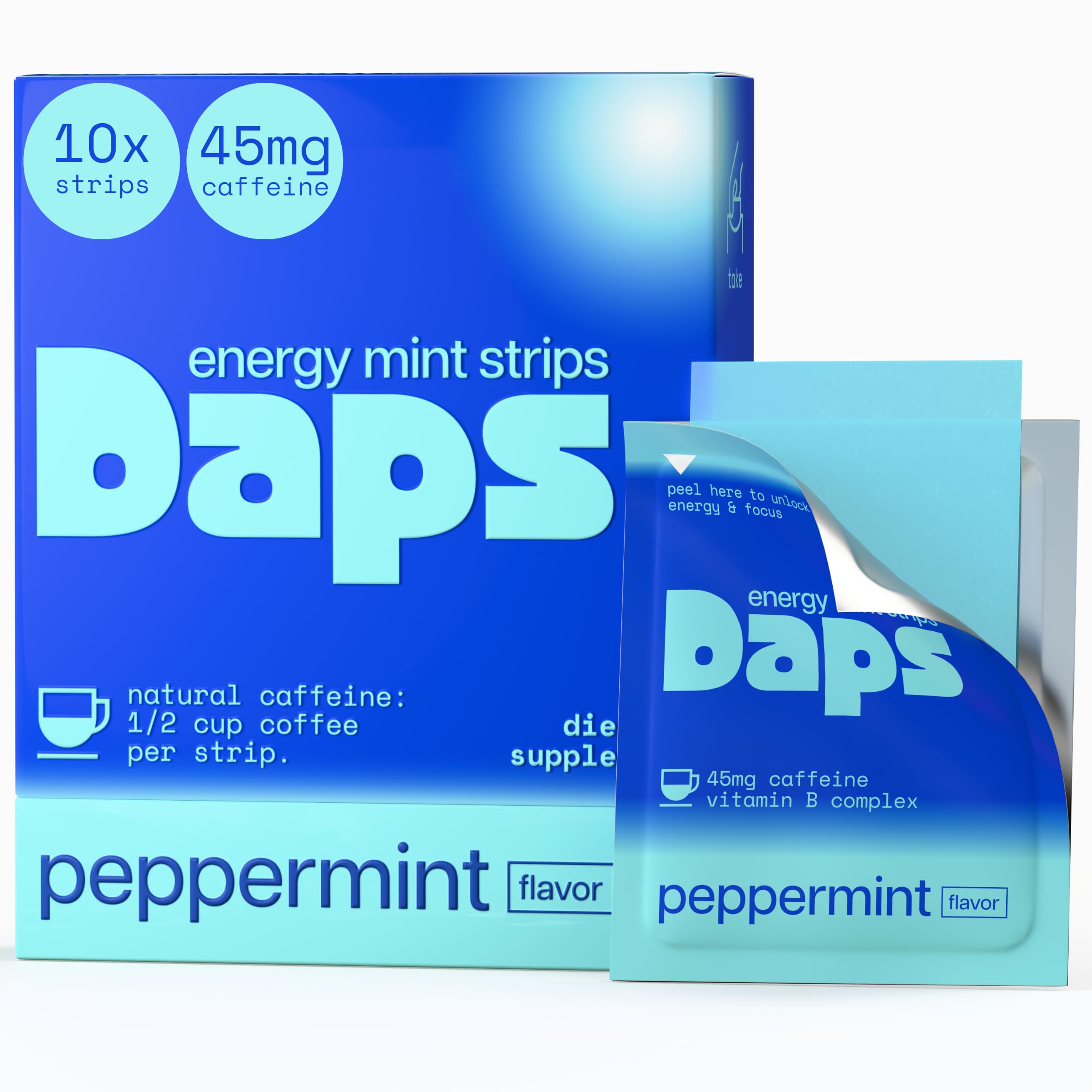 Daps Mint Energy Strips - 45mg Natural Caffeine + B-Vitamins - Fast-Acting Energy Supplement - Works Faster Than Coffee - On-The-Go, Sugar Free - Peppermint, 10 Strips Peppermint 10 Strips