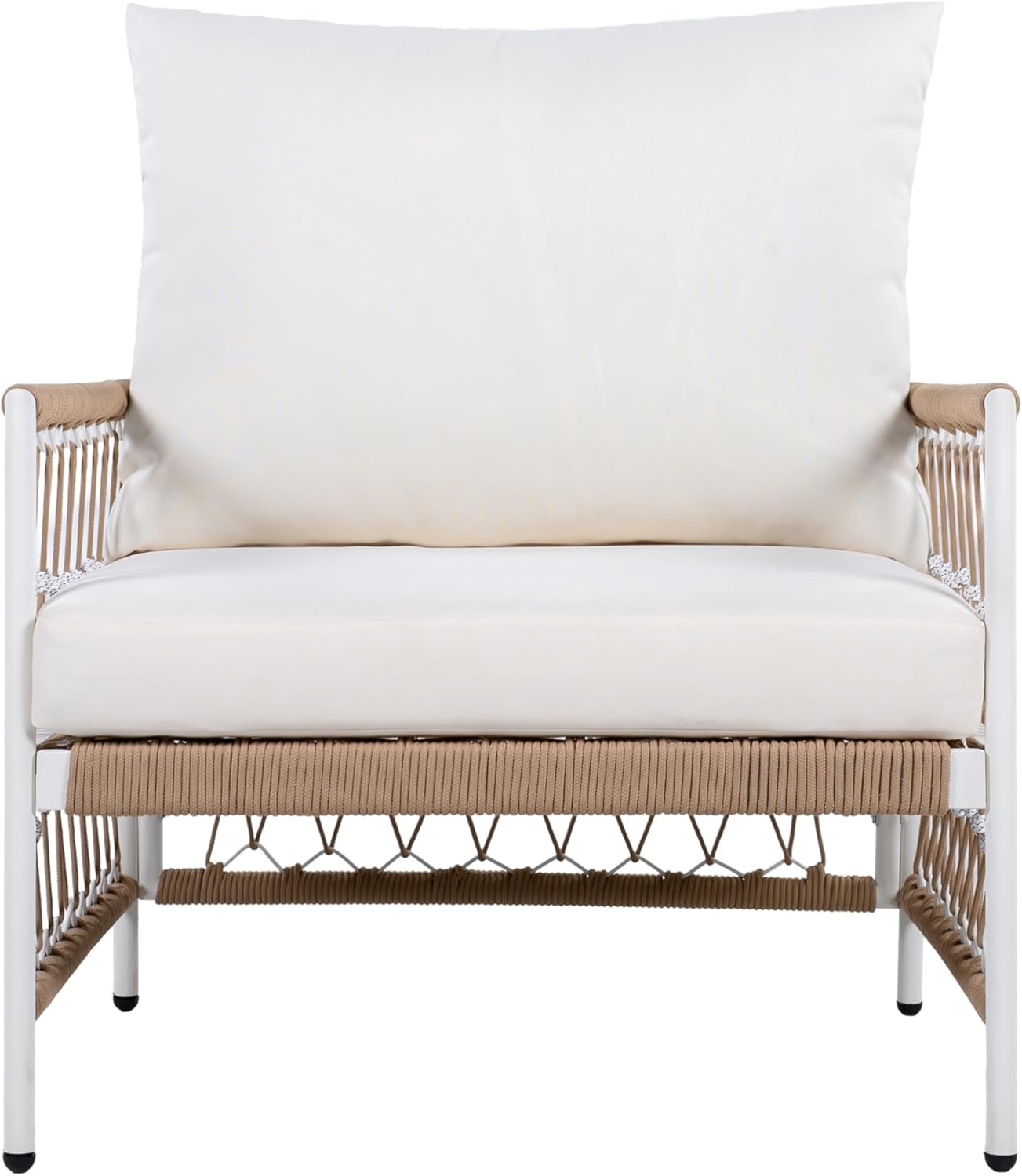 Christopher Knight Home Evelyn Set of 2 Lounge Chair Outdoor with Handwoven Rope, Powder-Coated Steel Frame Garden Chair Set, Patio Seating with Waterproof Cushions for Garden Balcony, Beige + Natural