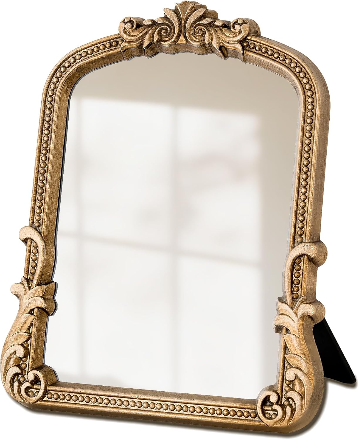 Vintage Vanity Makeup Mirror Gold Desk Small Mirror Antique Arched Gold Table Traditional Resin Mirror with Stand for Tabletop Living Room Bedroom Countertop Dresser 9.6x12.3