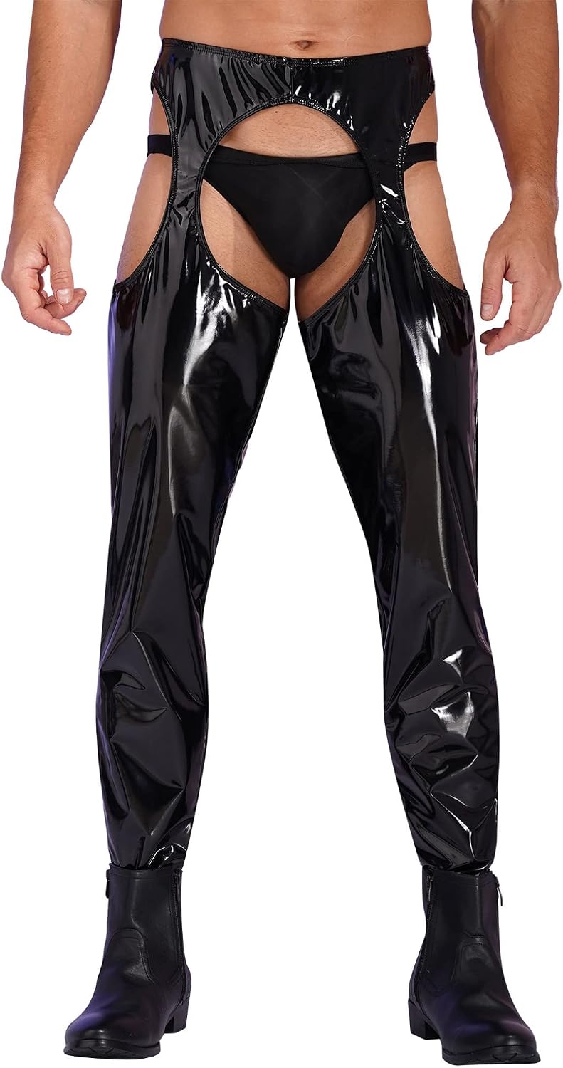 Oyolan Men's Wet Look Patent Leather Crotchless Tights Pants Leggings Skinny Long Trousers Clubwear