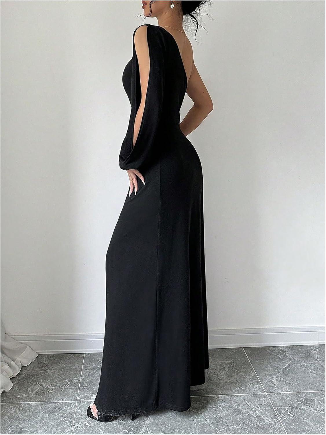 OYOANGLE Women's One Shoulder Long Sleeve Bodycon Maxi Dress Ruched High Slit Cocktail Dresses - Image 2