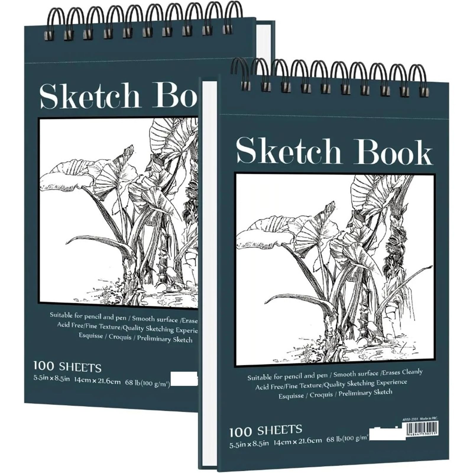 Bloc De Dibujo Con Espiral Cuaderno de bocetos pequeño de 5,5 x 8,5 pulgadas, paquete de 2 cuadernos de bocetos con espiral superior, tapa dura, 100 hojas cada una, 100 g/m2