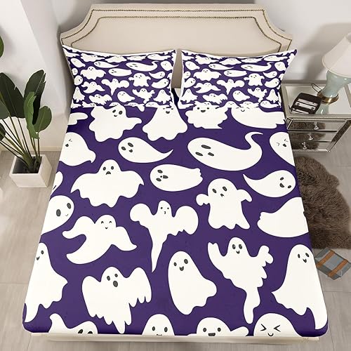 Miniatura 2 de Castle Fairy Juego de sábanas de Feliz Halloween, tamaño King, bonita silueta de dibujos animados de fantasma, sábana bajera con bolsillo profundo,