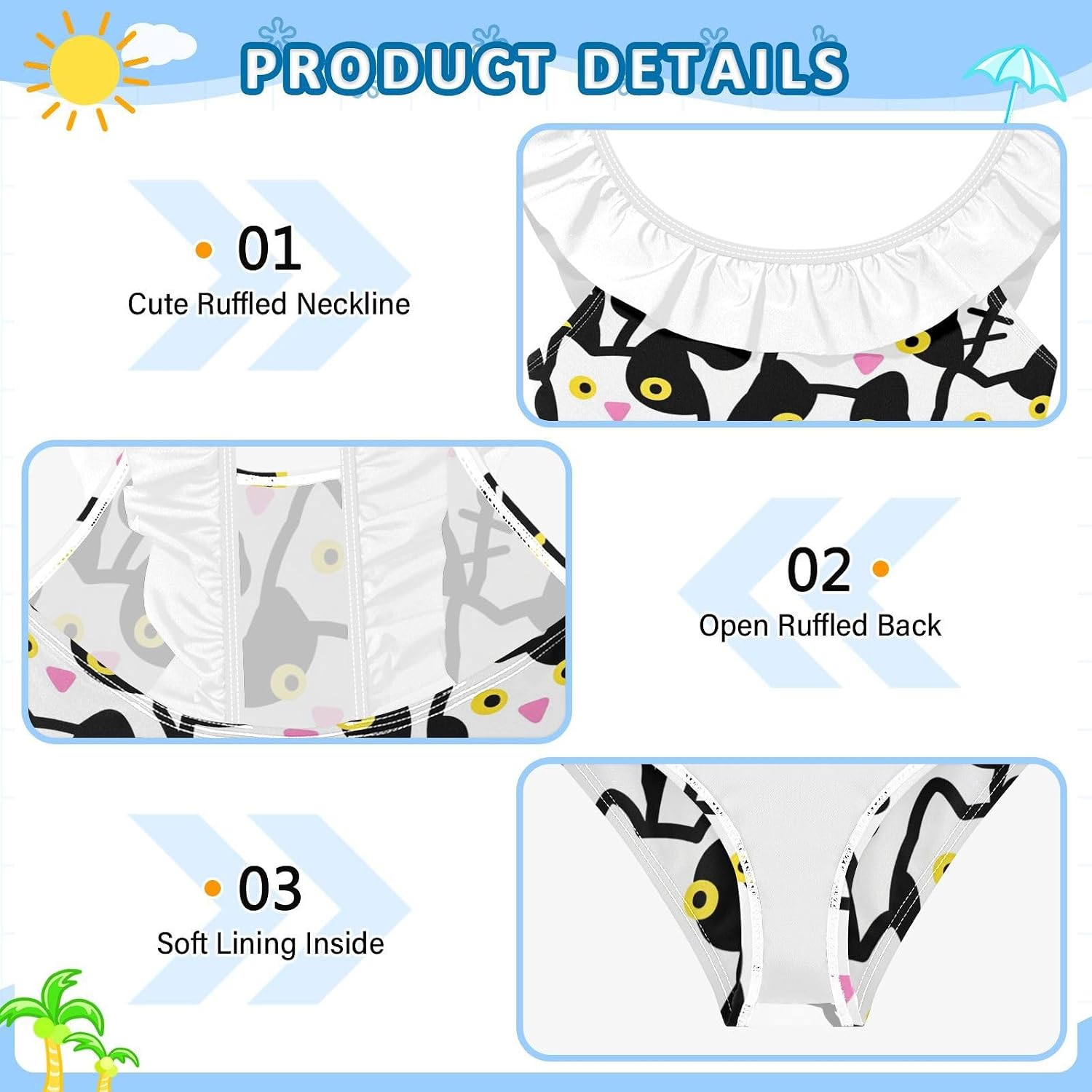 visesunny Girls One Piece Swimsuits Ruffle Swimwear Crazy Milk Cat Bathing Suits for Girls 3-6Y