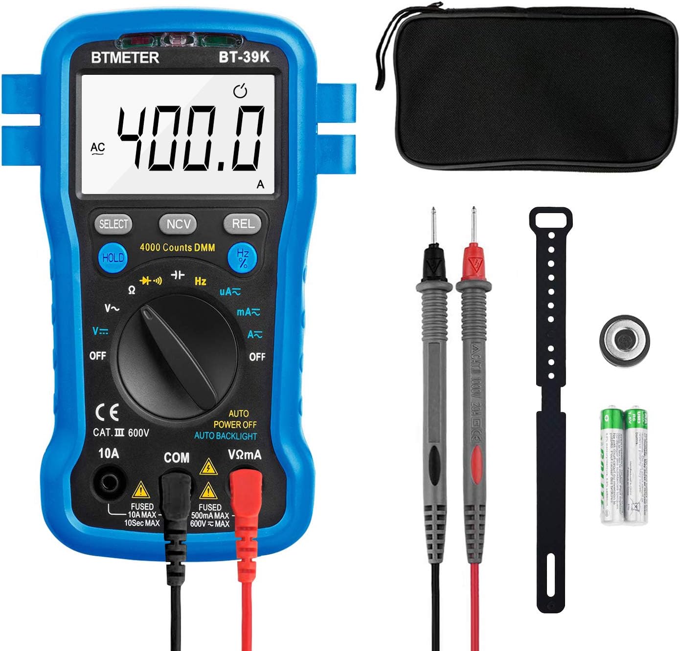 BTMETER BT-39K Multimeter with Case, 4000 Count Volt Ohm Amp Meter Autoranging DMM for AC/DC Current, Voltage, Resistance Frequency Tester, with NCV, Audible Continuity, Diode, Auto Backlight Meter