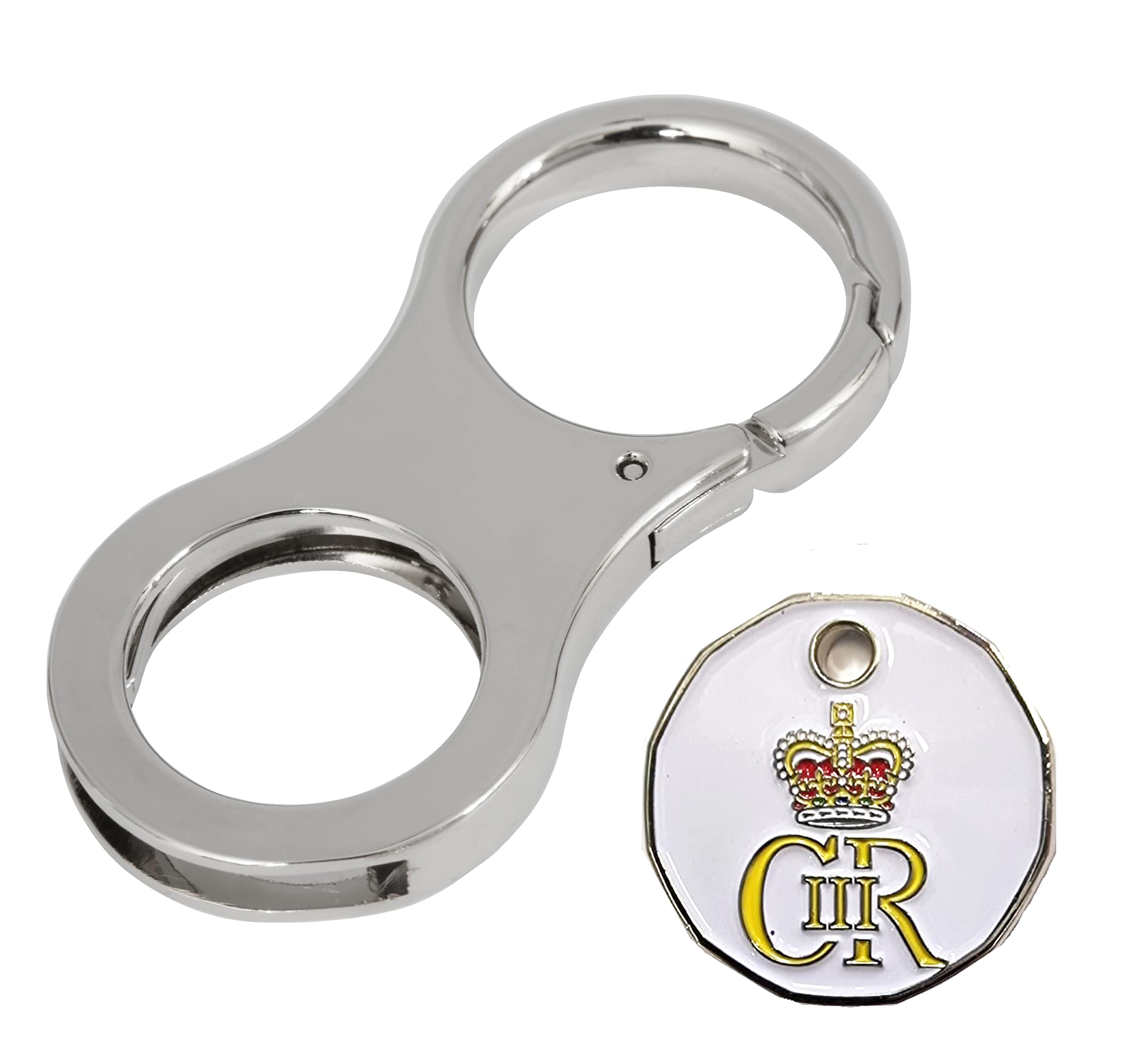 Harts Coin Clip Key Ring Trolley Token Metal Holder Keyring For New and Old £1 Coins, €1. With Charles 3 rd Royal Coronation trolley Tokens (White)