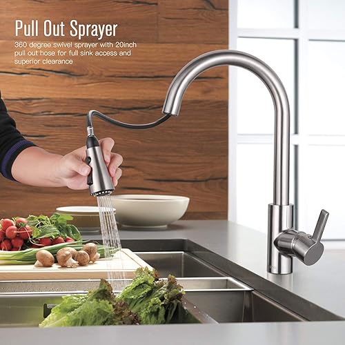 Miniatura 5 de Dalmo - Grifo de fregadero de una sola manija de níquel cepillado con 3 modos de pulverización, grifo de fregadero de cocina de acero inoxidable con