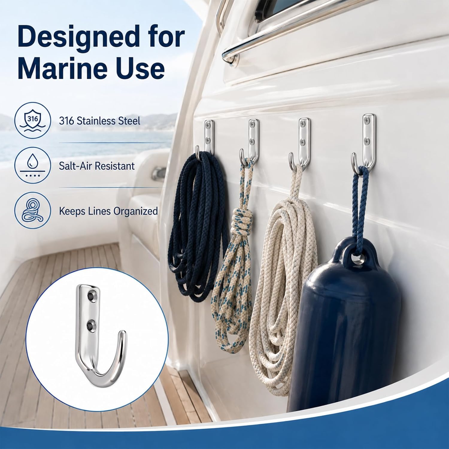12 Pcs 2 Inch Boat Hook Holders, Stainless Steel 316 Line Holder | Heavy Duty, UV Resistant Marine Hooks, Saltwater Resistant Hardware, Kayak Rope Storage, Boat Cleat Organization